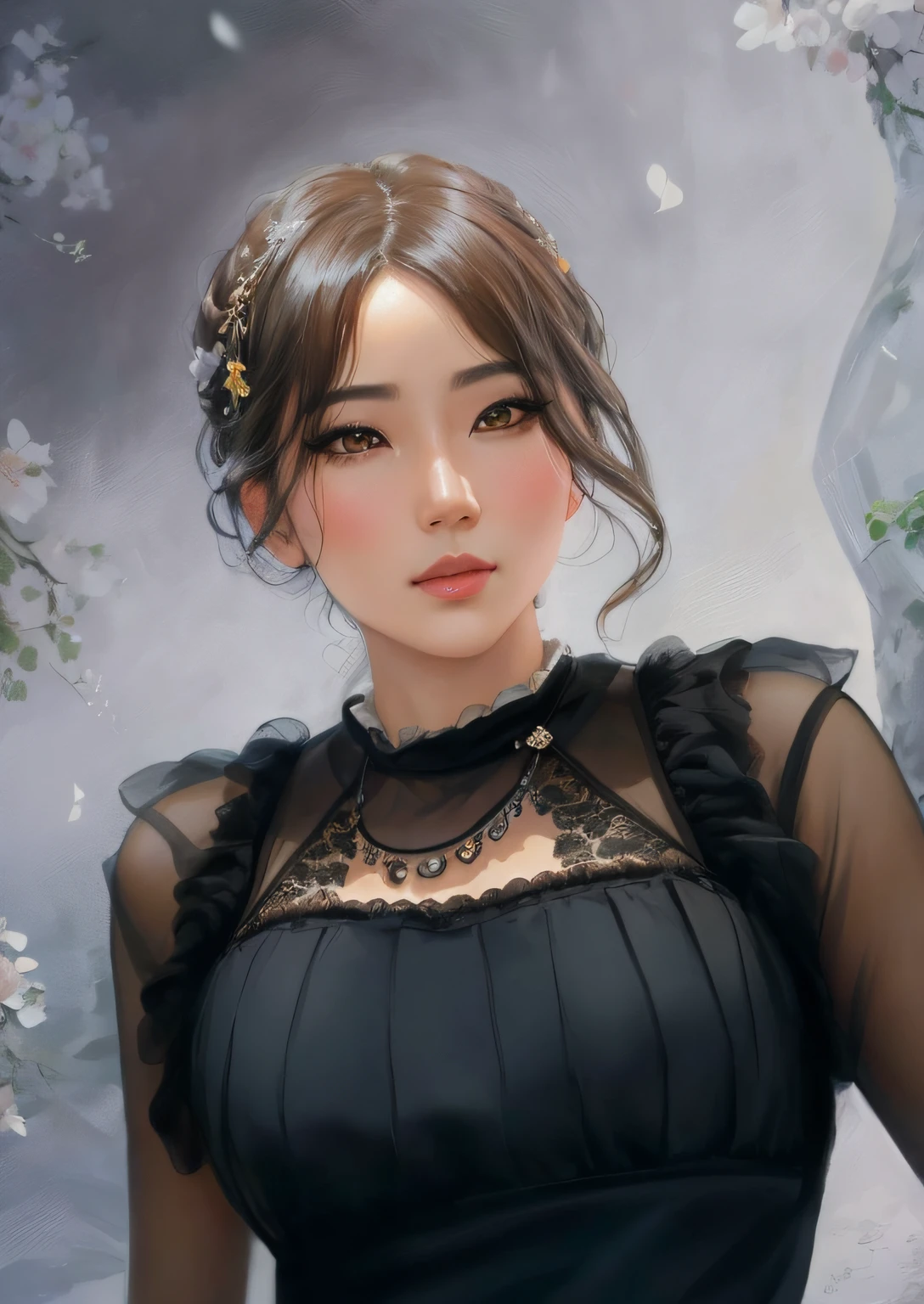 a woman in a black dress posing for a picture, digitalpainting, detailed picture, in the art style of bowater, digital art of an elegant, based on Sim Sachjong, portrait of female Korean idol, airbrush digital oil painting, photorealistic artstyle, inspired by Zhang Yin, digital painting style, in the style of oil painting, Digital Oil Painting, realism art style