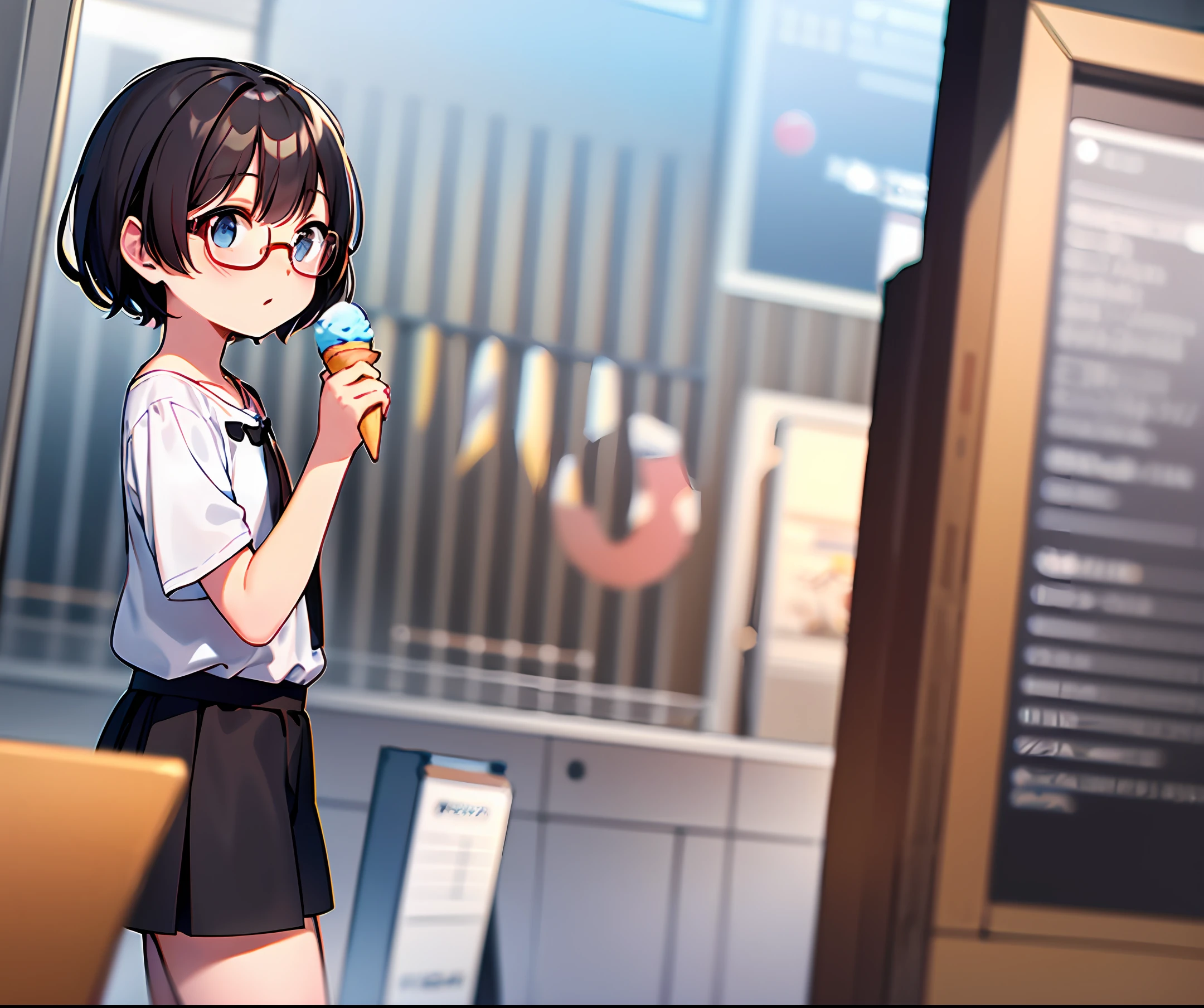 Glasses, fluffy short hair, pure holding an ice cream cartoon