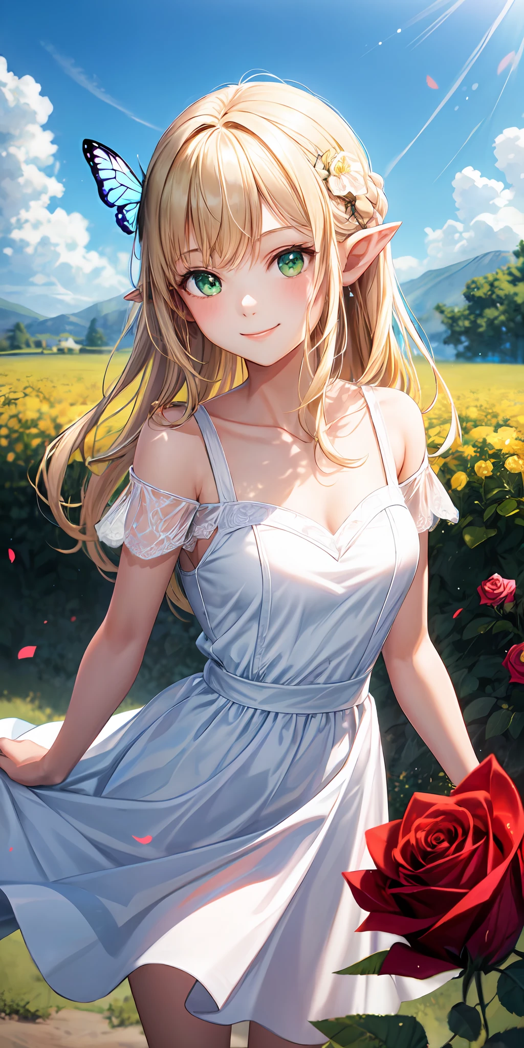 1girl, smile, light, white dress, flower, rose, hairpin, outdoors, landscape, depth of field, pointy ears, blonde hair, green eyes, collarbone, butterfly