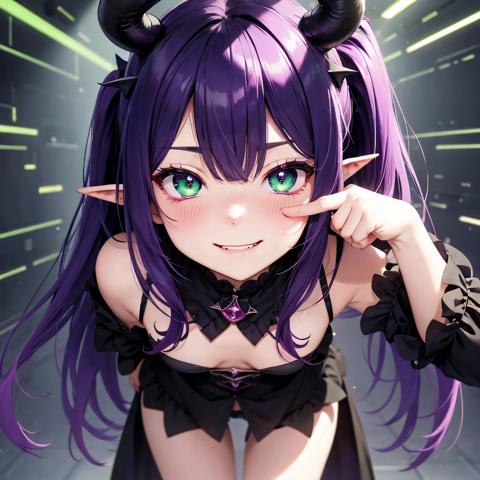 Succubus, demon loliatchest, Poor milk, dark sorceress fullbody pose, Purple hair, Dark blue hair, bangs, hair between eye, Hairline, multi-tied hair, Antenna hair, pupils sparkling, wince, Semi-closed Eyes, long and pointed ears, Evil smile, Shy, verbal invitation, One eye closed, Semi-closed Eyes, Ear blush, Shy, fang out, nose blush, Green eyes, mara demon, quadratic element, High detail, hyper HD, A high resolution, Super detail