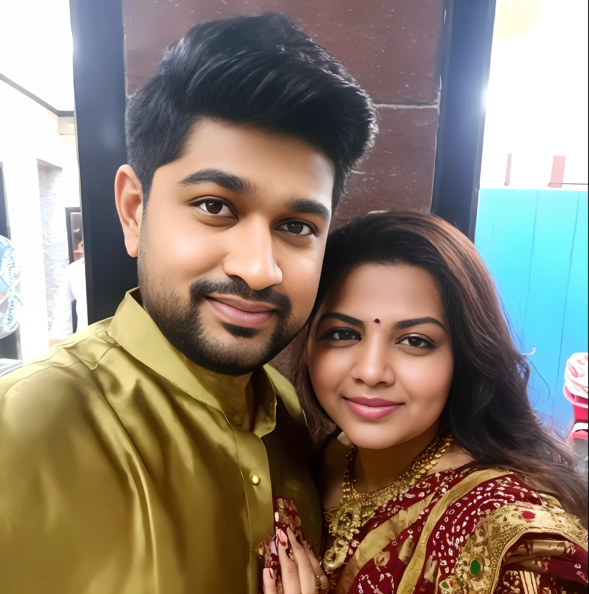 araffes man and woman posing for a picture in a restaurant, lovely couple, happy couple, facebook post, aww, couple, reddit post, roshan, inspired by Saurabh Jethani, couple pose, profile pic, profile image, growth of a couple, wpol and sarasti, portait photo profile picture, celebrating an illegal marriage