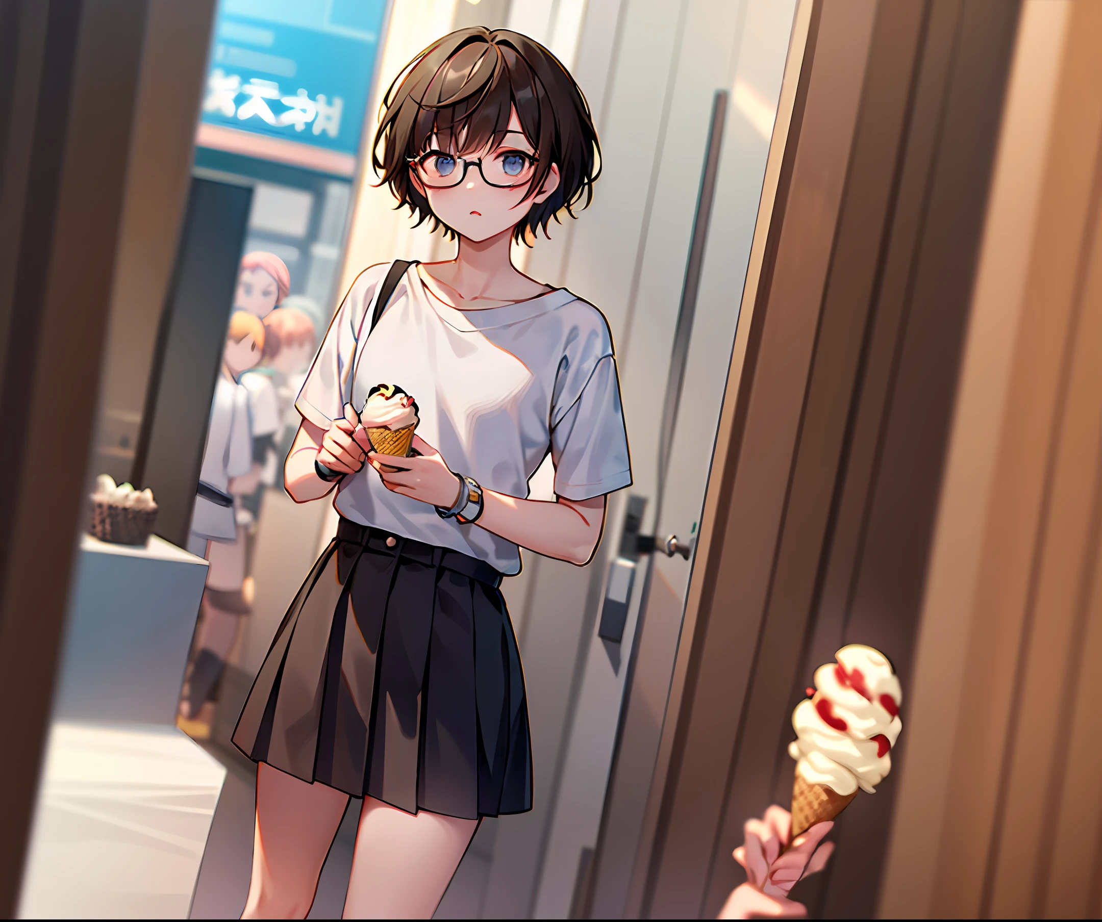 Glasses, fluffy short hair, pure holding an ice cream cartoon