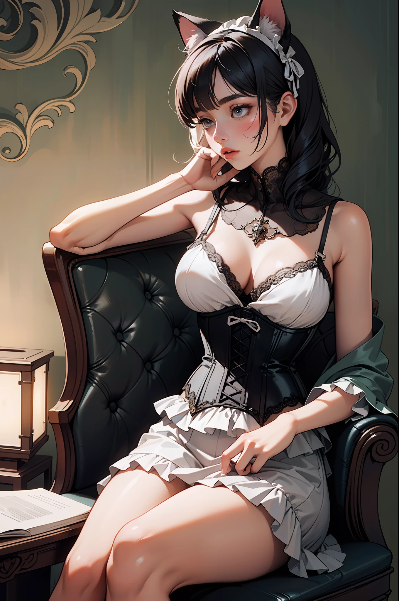 [Artwork of exceptional craftsmanship],(Detailed illustrations,Art based on extremely ideal anatomy,Very detailed and detailed drawing,Delicate lines with slow and rapid,(Realistic texture expression)),[Color tressed main line],[Strange bedroom background],(japanaese girl (Beauty) 15yo student [Luxury Girl] (Cat's ears ((bbw)) (large chest with drooping,[wide areola]))),(Full body lingerie (Pure white corset) (Ribbon Ruffled Lace Fabric [Lolita Fashion])),[Realistic and glossy skin expression ([High humidity] (Soft body)),([Sitting] [[boredom]] gravure),Transparency, Soft ambient light,(Perfectly proportioned),(Fine and beautiful skin expression [realistic skin detail]),(Design built to the highest level,[Advanced structural understanding of materials],Ideal color coordination),(Intricate and beautiful decoration (Dense detail)),(More on shiny hair),[Perfect hand details],(Beautiful perfect face [Realistic face details]),[Clear gaze],[long and beautiful eyelashes],[Perfect eye details (Eyes beautifully drawn down to the smallest detail)],(detaileds,high-detail),((Precision Detail),[multi-layer texture],hightquality,hight resolution),[Accurate simulation of light-material interactions,Understanding Airflow,Mechanically correct representation],[Visual art that conveys a sense of narrative] [Full body like],[[Desaturation]].