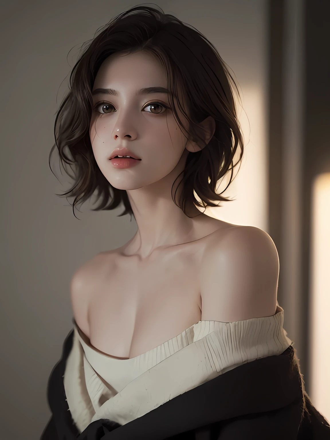 Best quality, masterpiece, ultra high res, (photorealistic:1.5), raw photo, 1girl, offshoulder, in the dark, deep shadow, low key, cold light, sexy look, short hair