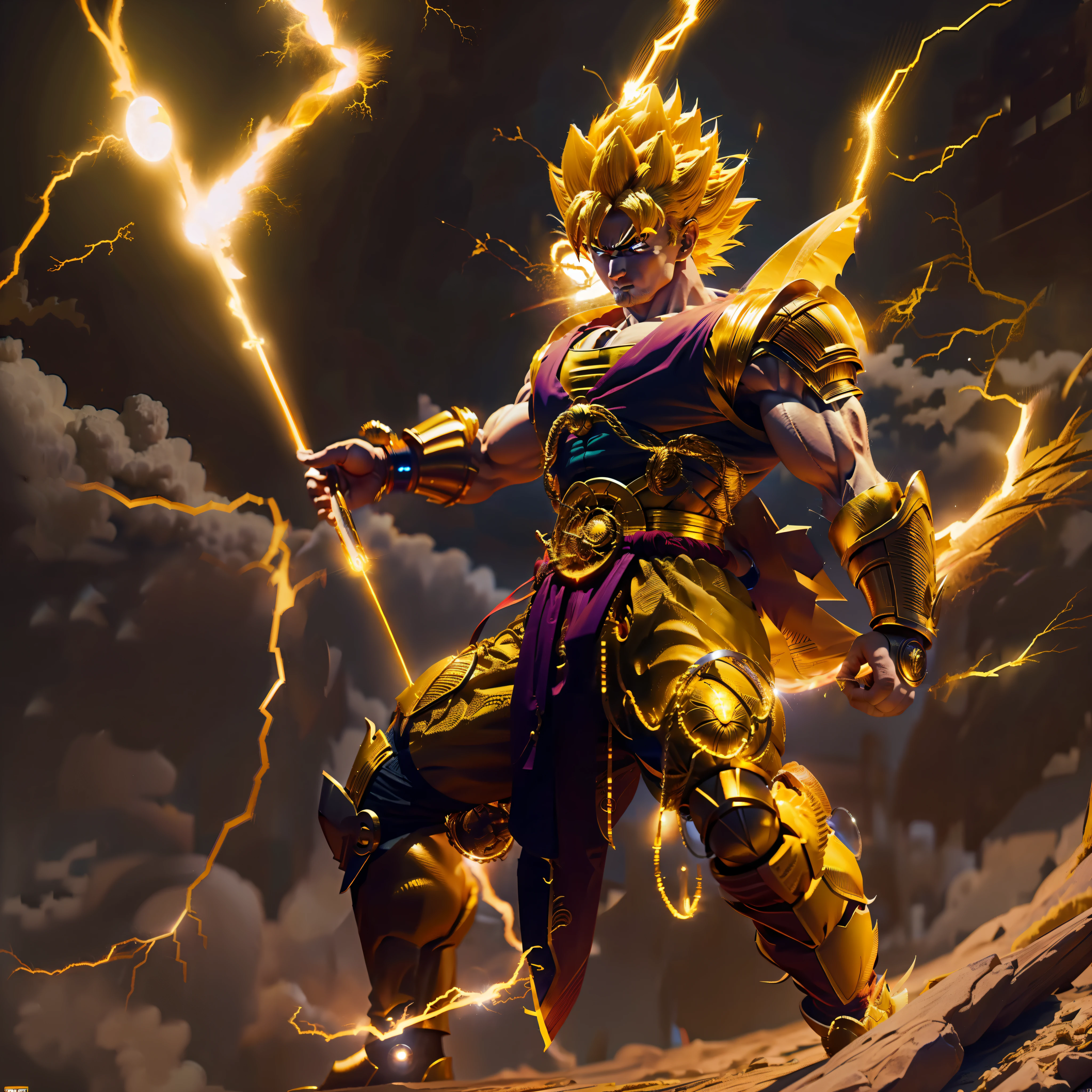 Realistic Dragon Ball Goku standing in front of the full moon,Super Saiyan inspiration,Gold Chinese armor light and shadow tracking,A mechanical ring with a yellow glow on the back and a mechanical right arm,4K graphics,In his left hand he holds a long metal rod,There are yellow lightning bolts around the body