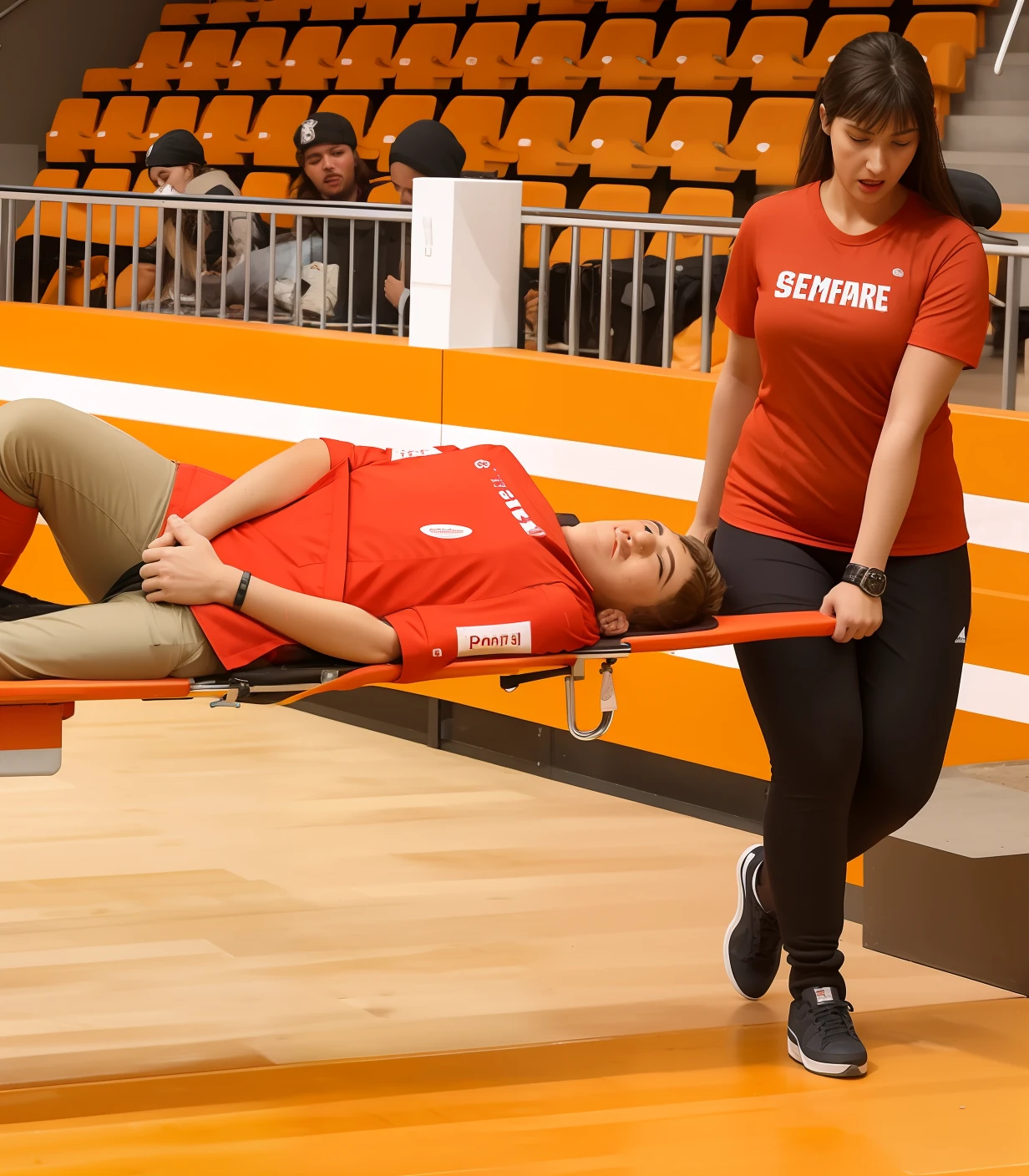 an excessively madeup teenage girl in a laquered coat, a passionately shouting teenage-girl in a laquered coat, there is a sportsman in white shorts and a white t-shirt lying injured on a stretcher, there is an injured sportsman who is covering his face on a stretcher, an injured sportsman is covering his face with his hands, an injured sportsman is writhing in ecstasy on a stretcher, dramatic pity pose, there is a latino woman in a high-shine puffy coat, a high-shine black down coat, a long black moncler coat, a wetlook down coat, a wet black laquered coat, a latino wife is wearing a wetlook black uniform, injured, medic, laura sava, anna nikonova, very professional, by Dietmar Damerau, alexandra fomina, soccer action pose, affection pose, lecherous action pose, dramatic action pose, theatralic pose, there is an attractive woman that is carrying a skinny man, there is a beautiful woman in a shiny coat who is carrying a blond man on a wetlook orange stretcher, a longhaired beautiful woman in a high-shine black puffy coat, a longhaired woman in a shiny downcoat, a woman is carrying a shorthaired man who is wearing shorts and a t-shirt, a weak man in spots shorts is consciousless and needs to be carried, a shorthaired man with closed eyes is carried on a stretcher by a longhaired woman, a woman looks very scared and terrified, a consciousless man with closed eyes is suffering very much and has a very painful face, photo, photo shoot, photographed , accident, help, aid, first aid, pity, Sofya Emelenko