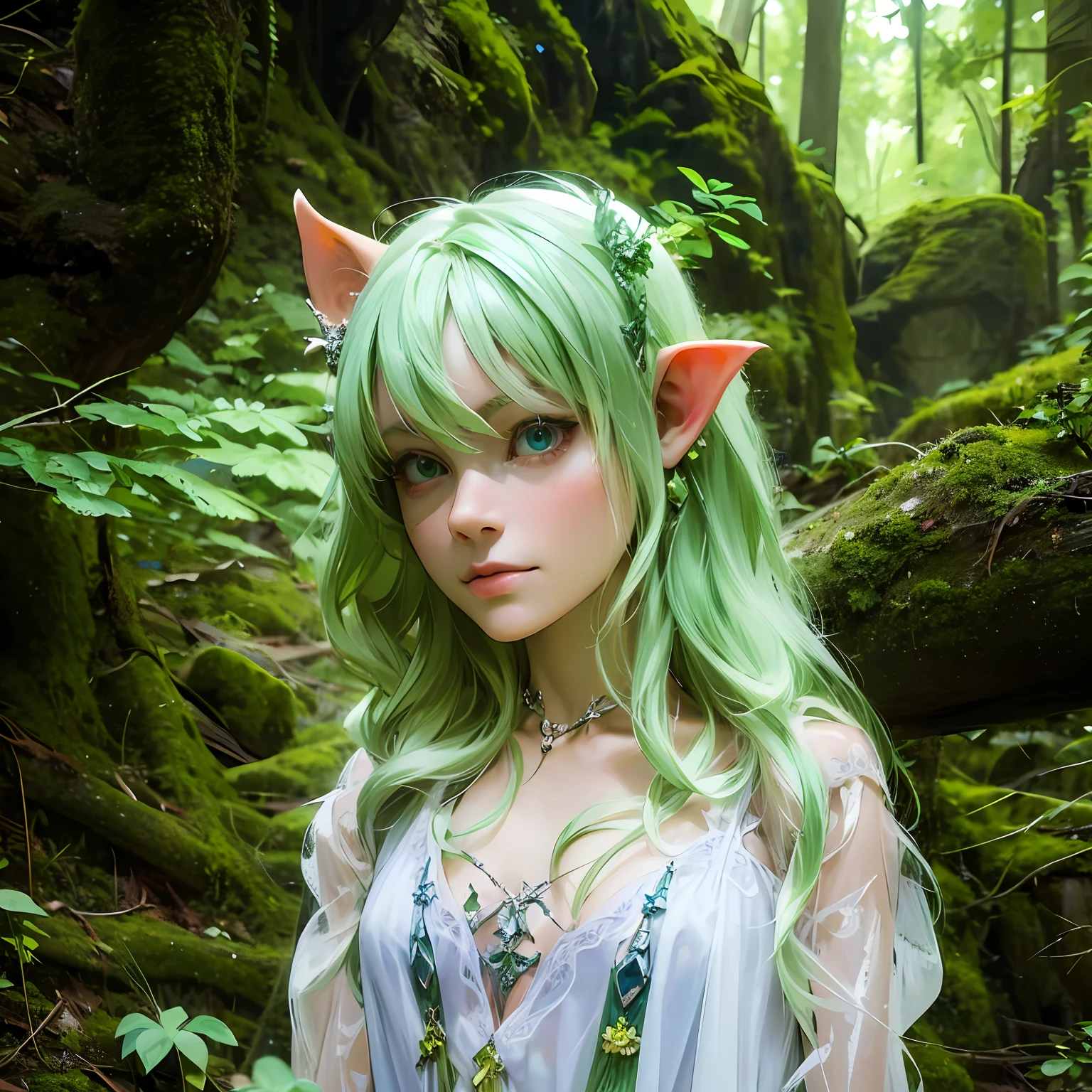 Goblin with ethereal beauty in the forest, cabelos longos cor do mogno com mechas douradas, olhos verdes, smooth pale skin, anime