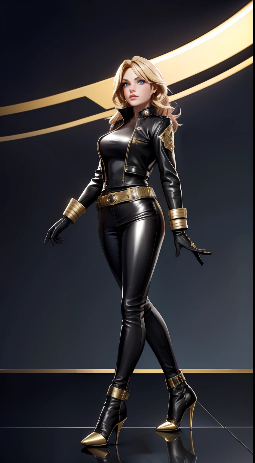 solo, super fine photo, full body photo picture Unreal Engine 5 8K UHD, beautiful girl, blonde hair, black leather catsuit with leather jacket, thigh belts, gold accessories, rich girl, leather gloves, high heels, fantasy theme, fantasy design, beautiful make up, best quality, masterpiece, unified 8k wallpaper, super detailed, sharp focus.