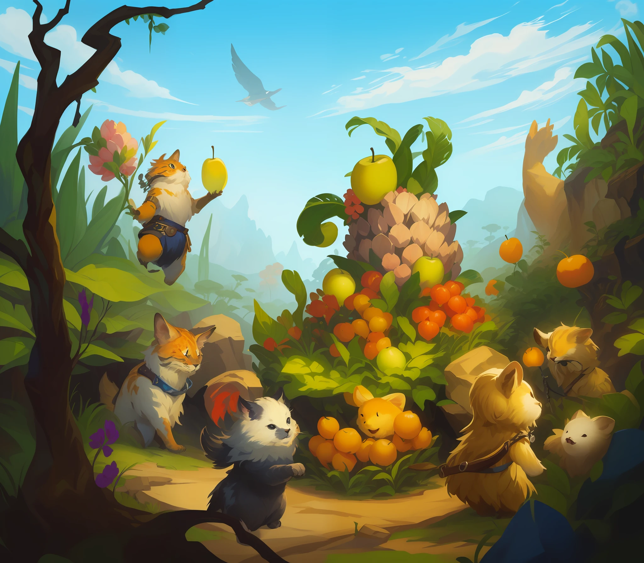 There are many different animals with fruits in the jungle, full color illustration, game illustration, The Art of Mobile Games, Stylized game art, beautiful illustration, stylized concept art, painted as a game concept art, Visualized art, concept art illustration, official illustration, background illustration, Epic full-color illustration, adorable digital painting, detailed game art illustration, full art illustration