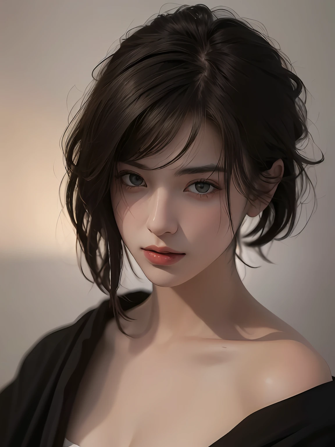 Best quality, masterpiece, ultra high res, (photorealistic:1.5), raw photo, 1girl, offshoulder, in the dark, deep shadow, low key, cold light, sexy look, short hair