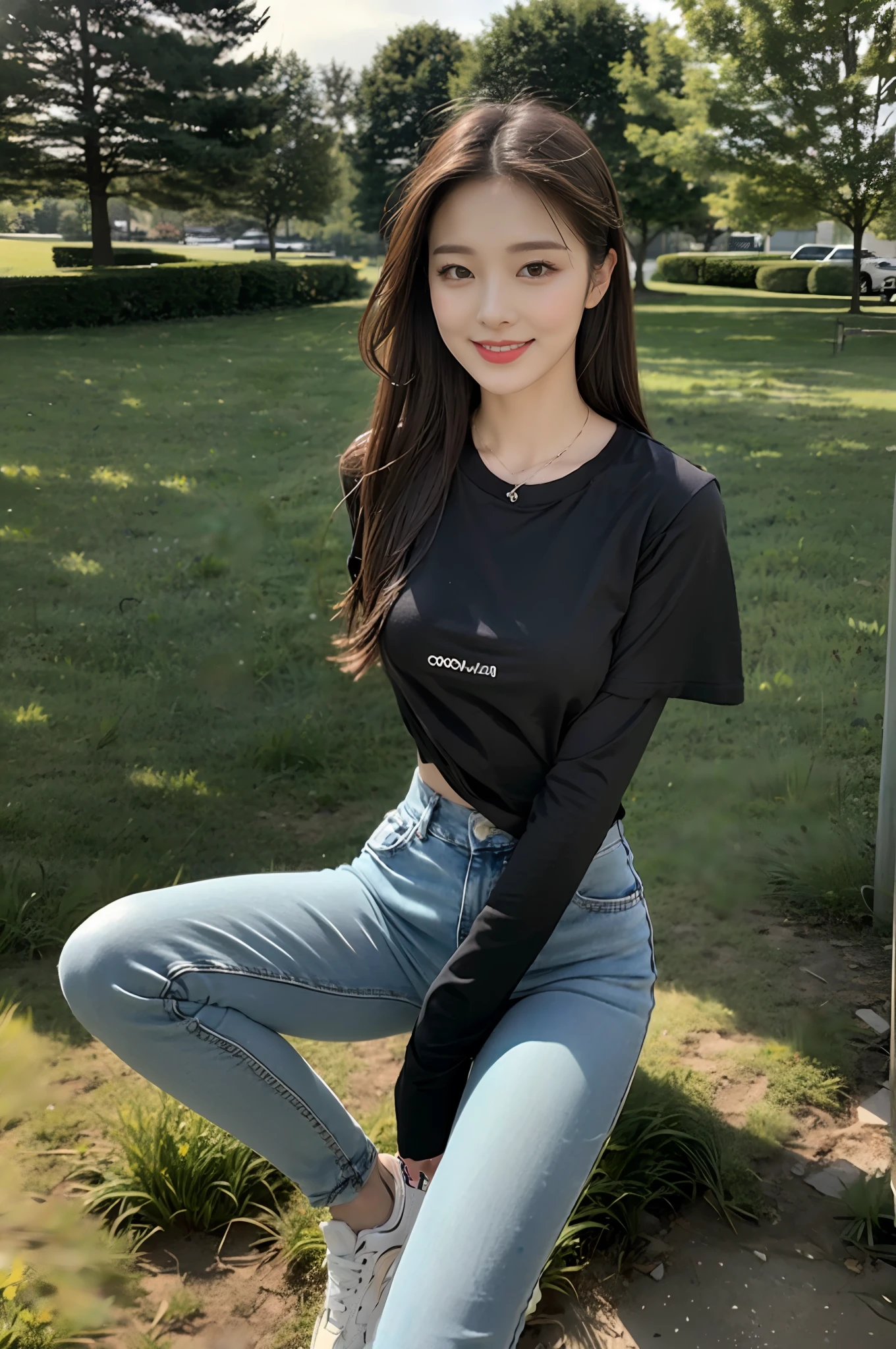 (best qualtiy:1.4),Complicated details,20 years old Korean girl,Wear loose black T-shirts from high-end brands and high-end branded jeans,Stand on the grass and take pictures,Detailed meadow,A sweet smile,Ultra-realistic facial details,With a hair card,Playful cute and coquettish pose,The calves are straight and slender:1.2,Wear high-end brand sneakers:1.0,fully body photo:1.8