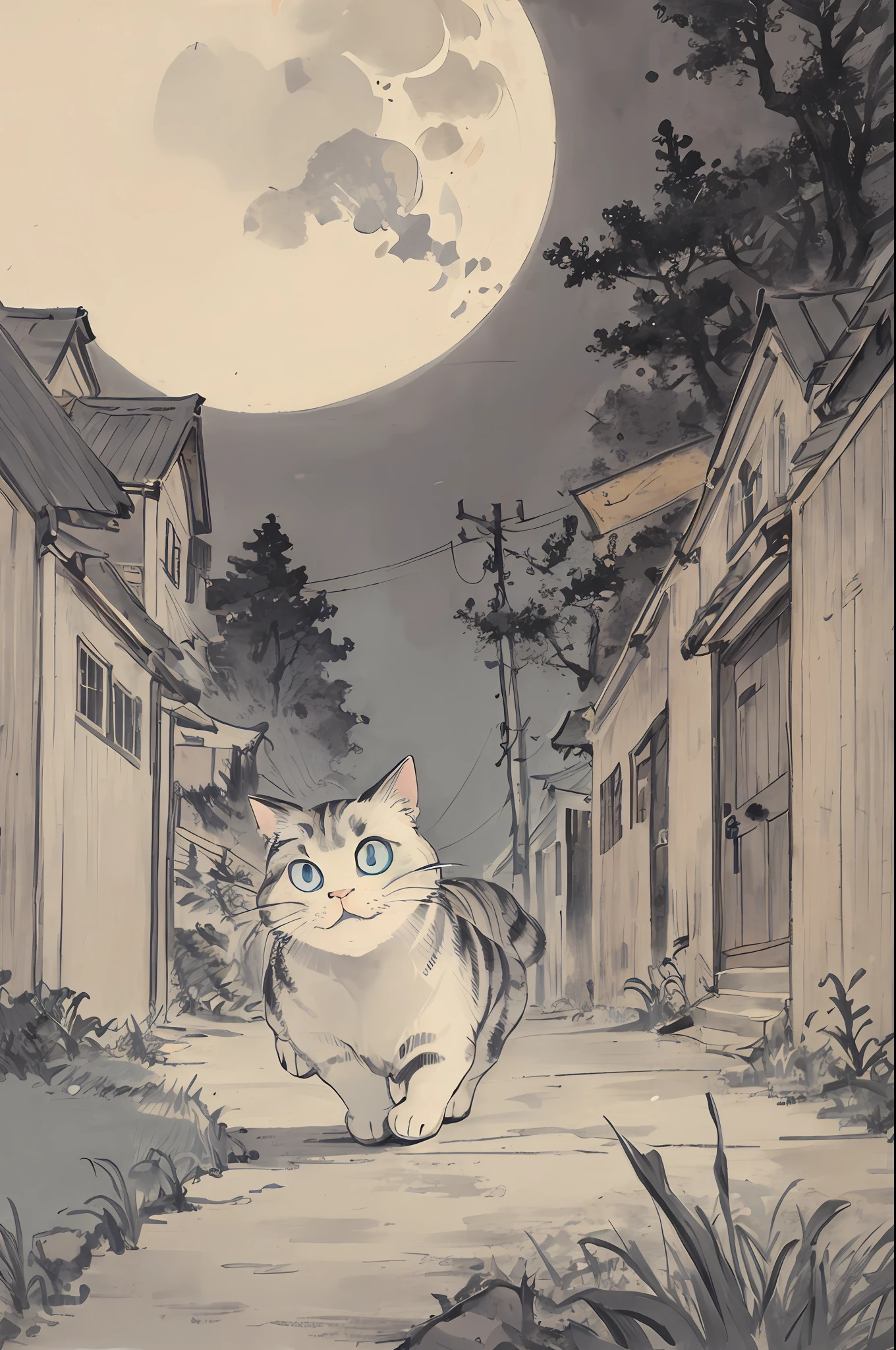 cat,blue,cute,big eyes,masterpiece,full moon,alley