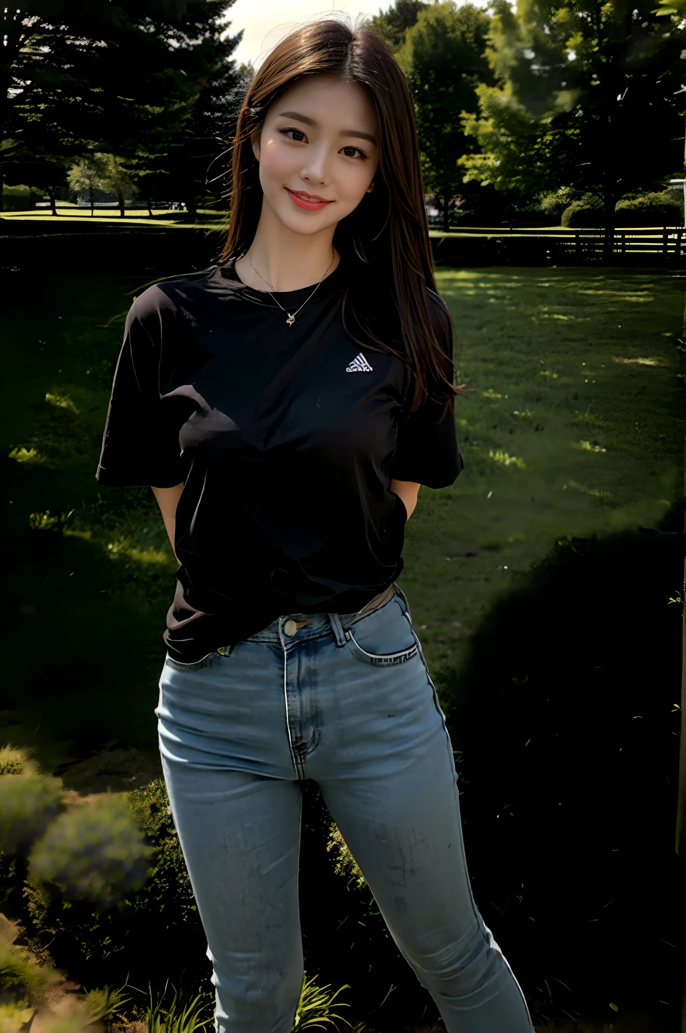 (best qualtiy:1.4),Complicated details,20 years old Korean girl,Wear loose black T-shirts from high-end brands and high-end branded jeans,Stand on the grass and take pictures,Detailed meadow,A sweet smile,Ultra-realistic facial details,With a hair card,Playful cute and coquettish pose,The calves are straight and slender:1.2,Wear high-end brand sneakers:1.0,fully body photo:1.8