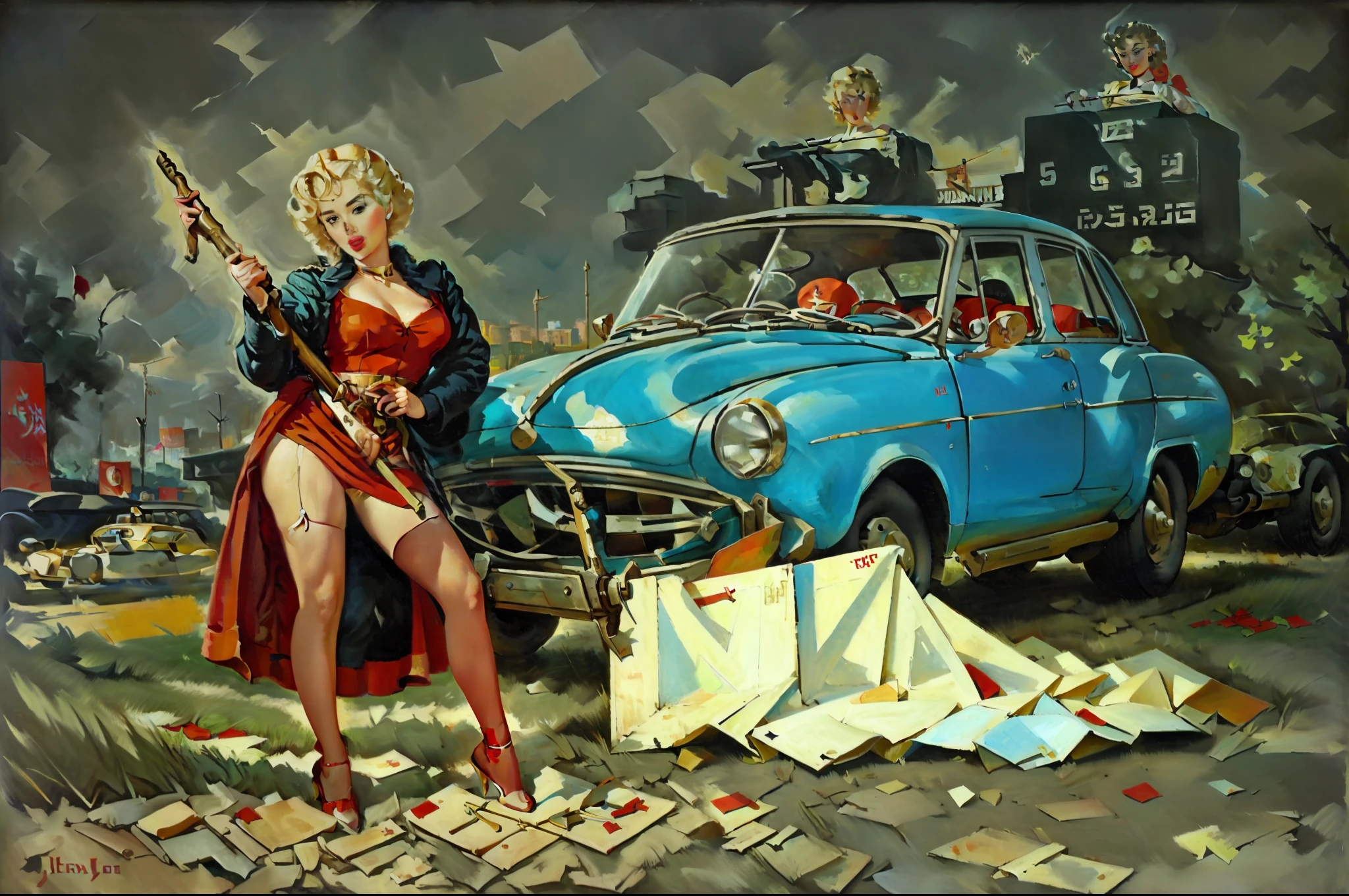 ussr_Poster,Hammer and sickle, In the artistic style of Gil Elvgrena, painting of a woman, Poster of the USSR, Fix,Retro,Joyce Ballantyne Style
