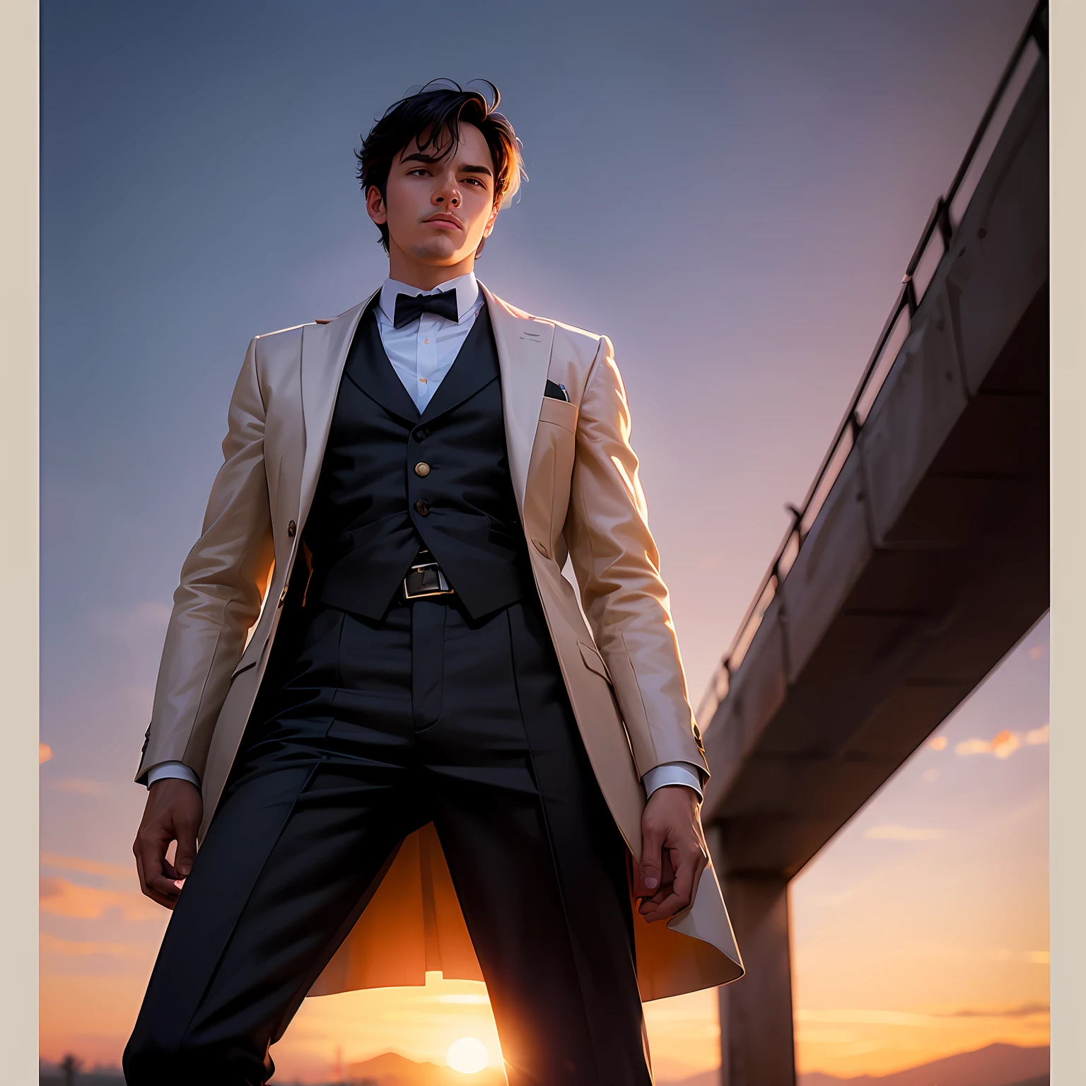 (masterpiece, best quality:1.4) Young Man Millionaire: Humble, Empowering, Manly. Film Camera, Prime lens, Sunset, cartoon style, colorful, Manual, ISO 400, f/2.8, 1/125 sec, cinematic light, colorful, high contrast, --auto