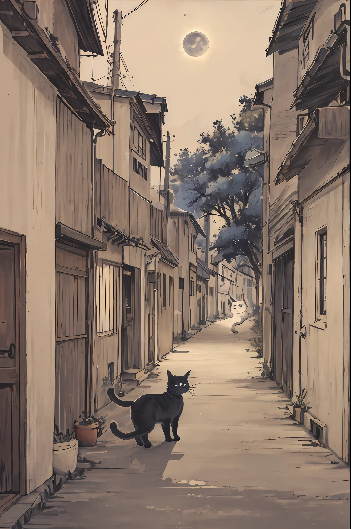 cat,blue,cute,big eyes,masterpiece,full moon,alley