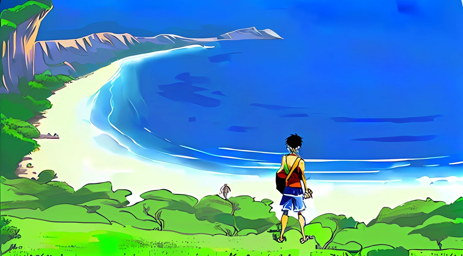 arafed view of a young boy standing on a hill overlooking a beach, luffy (one piece, luffy, monkey d. luffy, monkey d luffy, luffy from one piece, from one piece, anime masterpiece, inspired by Eiichiro Oda, one piece, eiichiro oda style, in a anime masterpiece, looking at the ocean, portrait of luffy from one piece