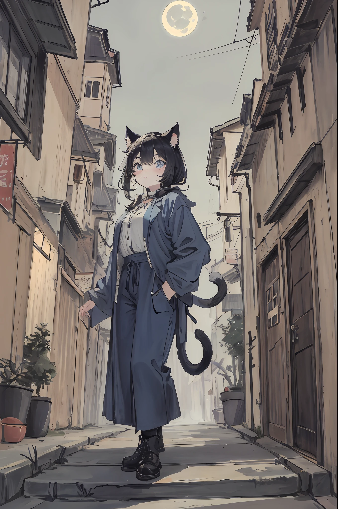 cat,blue,cute,big eyes,masterpiece,full moon,alley