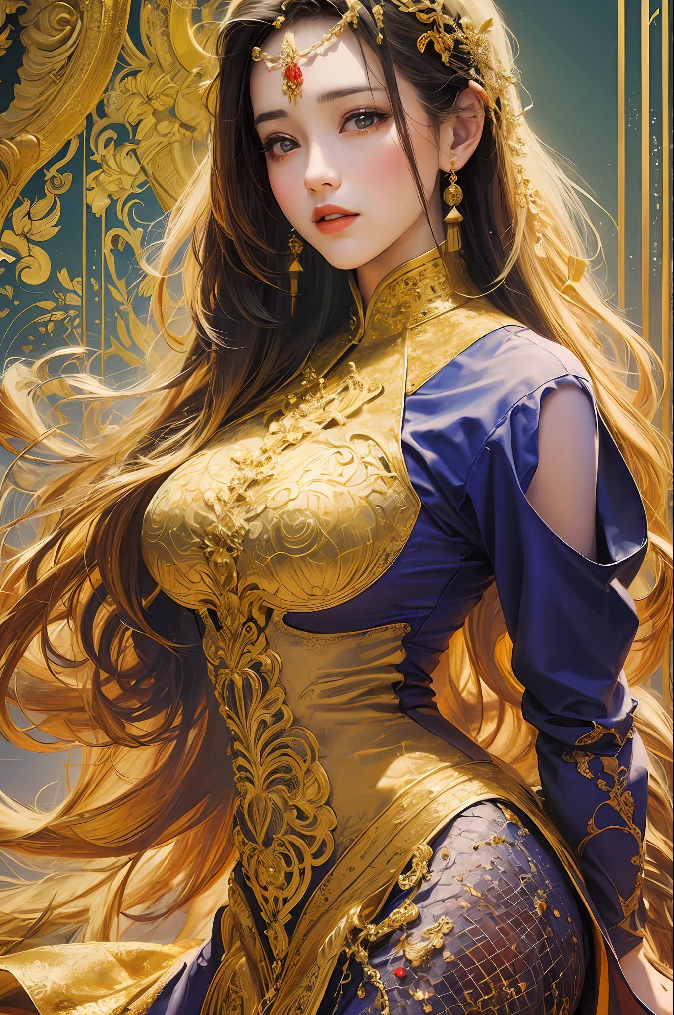 (masterpiece, top quality, best quality, official art, beautiful and aesthetic:1.2), (1girl), extreme detailed,colorful,highest detailed, official art, unity 8k wallpaper, ultra detailed, beautiful and aesthetic, beautiful, masterpiece, best quality, (zentangle, mandala, tangle, entangle,ao dai) ,holy light,gold foil,gold leaf art,glitter drawing, PerfectNwsjMajic,ao dai Vietmam, chubby body, perfect face,big boobs