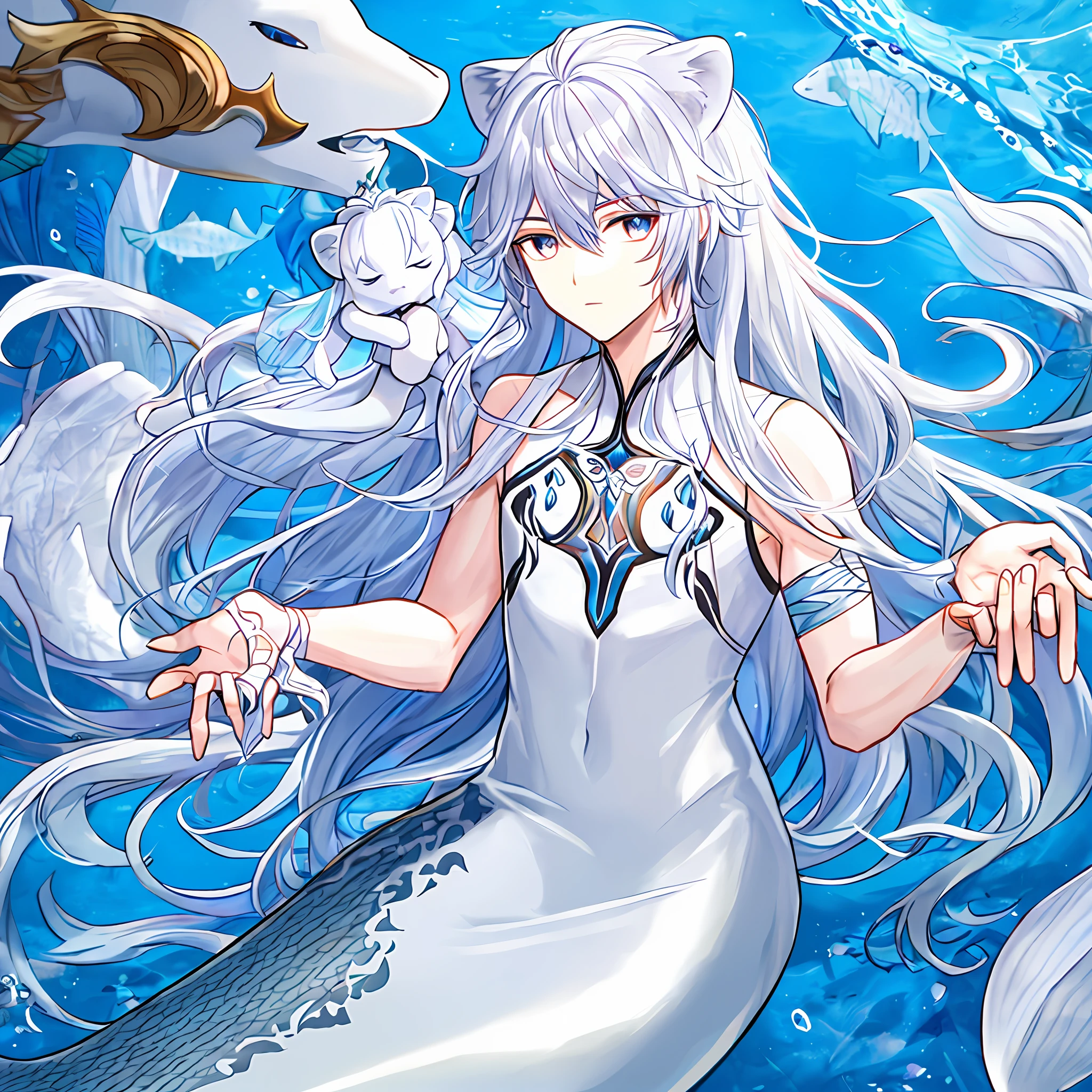 Male mermaid,Violet eyes,Long silver-white hair,Blue fish tail,There is a bandage on the upper body,White lion dolls on both hands