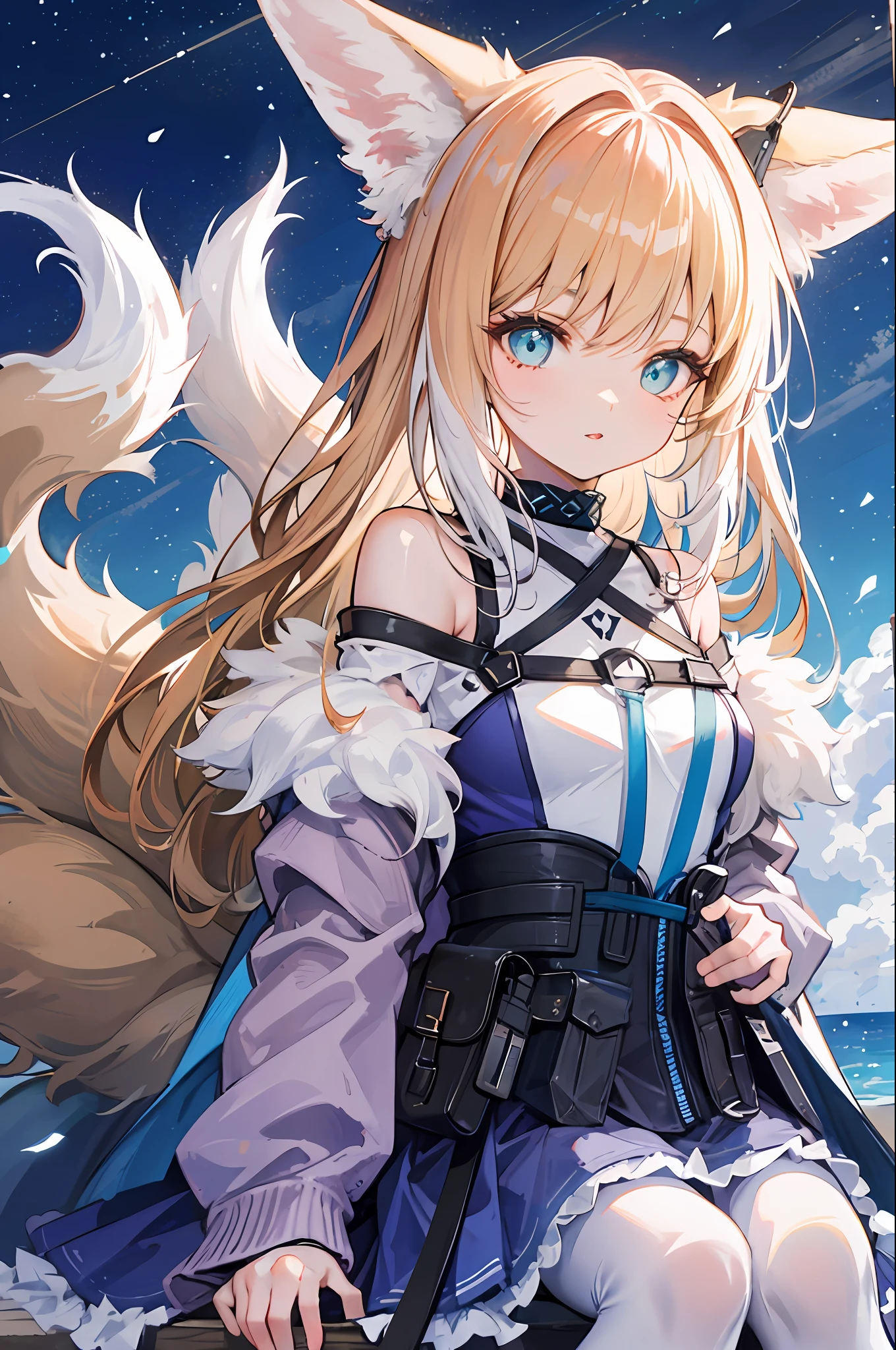 Cute and delicate face， Epic hair ， （Big furry wolf ears：1.2） ， blue diamond eyes ， is shy ， redish pink lips ， deactivated ， angle of view ，， ssmile， （Sat down：0.8） ， 1girll， 独奏， llight rays，