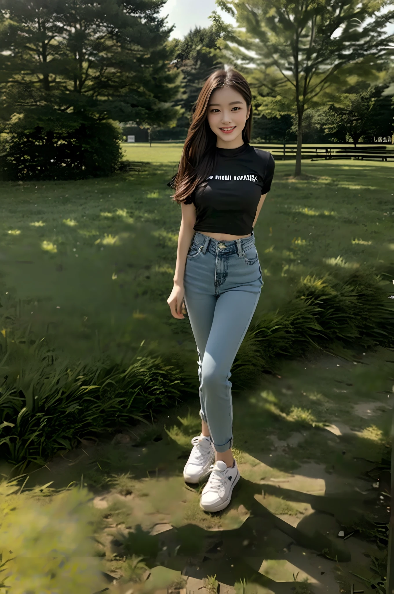 （best qualtiy：1.4），Complicated details，20 years old Korean girl，Wear loose, High-end branded black T-shirt and high-end branded jeans，Stand on the grass and take pictures，Detailed meadow，A sweet smile，Ultra-realistic facial details，Coquettish pose，The calves are slender and straight:1.2，Wear high-end brand sneakers:1.0，fully body photo:1.8