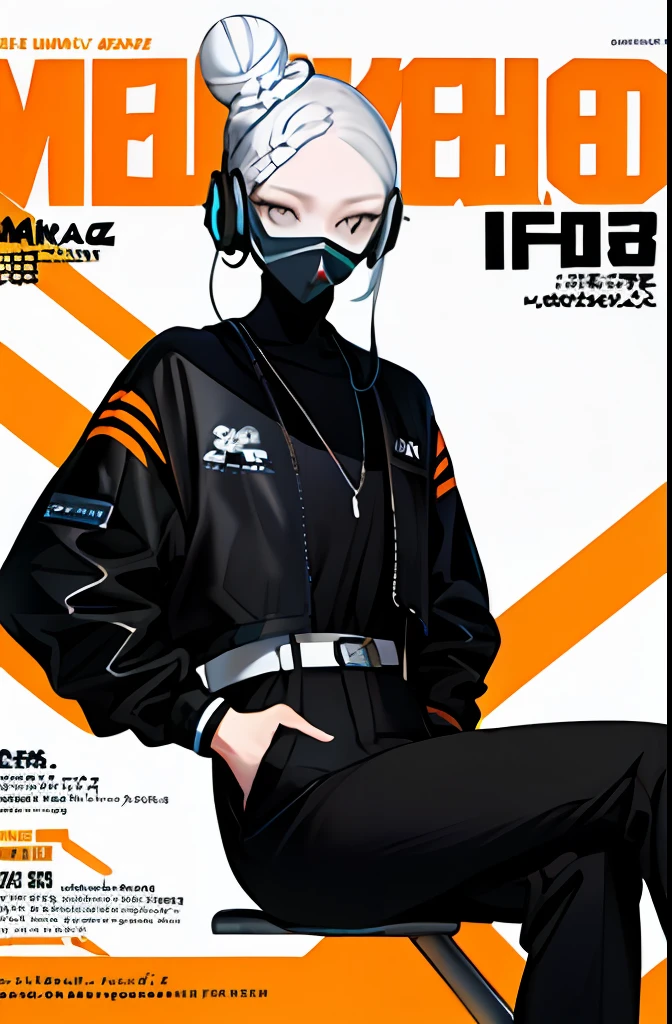 (magazine cover:1.3),ulzzang-6500, (realistic: 1.3) (original: 1.2), masterpiece, best quality, beautiful clean face, fullbody, 1woman, (wearing black and white and cobalt scifi techmask and headphones with complex electronics), wearing black techwear jacket and orange trousers with buckle and tape, (crystal necklace), posing for a picture, (white braided bun hair),