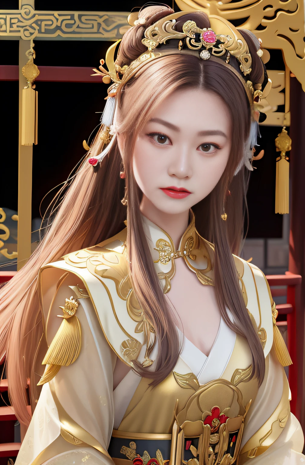 Wearing a gold dress，Arad woman in a golden headdress, a beautiful fantasy empress, Palace ， A girl in Hanfu, ((a beautiful fantasy empress)), Beautiful character painting, inspired by Wu Bin, Inspired by Lan Ying, inspired by Du Qiong, Princesa chinesa antiga, Guviz-style artwork, Inspired by Huang Ji