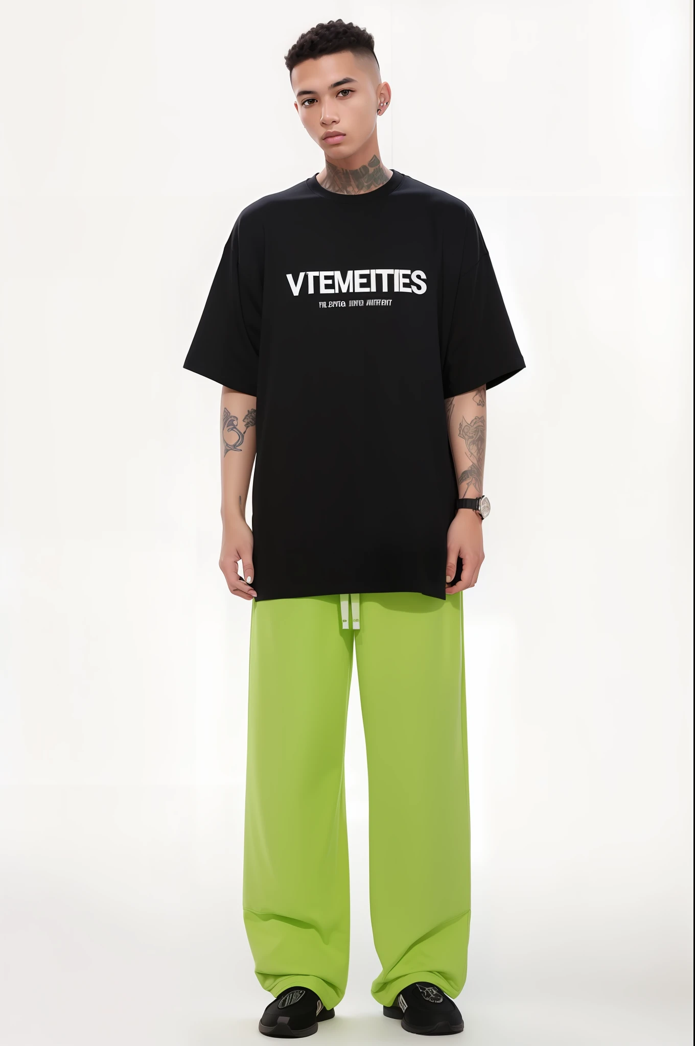 a young man with  wearing a shirt with the words vetements printed on it, vetements, trending on r/streetwear, streetwear, victoria siemer, official product image, ssense, official product photo, 1 0 0 0, medium wide shot, 2 0 2 1, 2021, she is wearing streetwear, garments, woman in streetwear, oversized