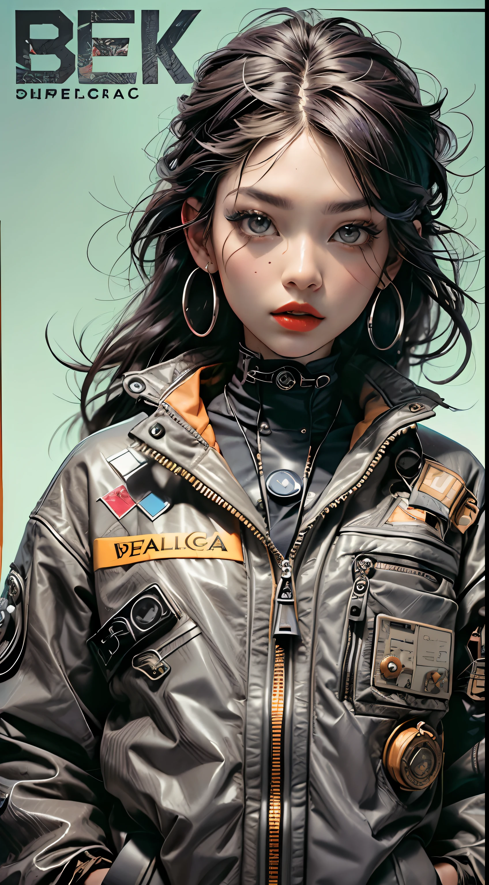 Magazine covers、realisitic、a picture、35mm、cinematic(Super Puffer Balenciaga Jacket with Long Hair、One woman with a neck tattoo)Colorful background graphite、ultrasharp Red Lip piercings