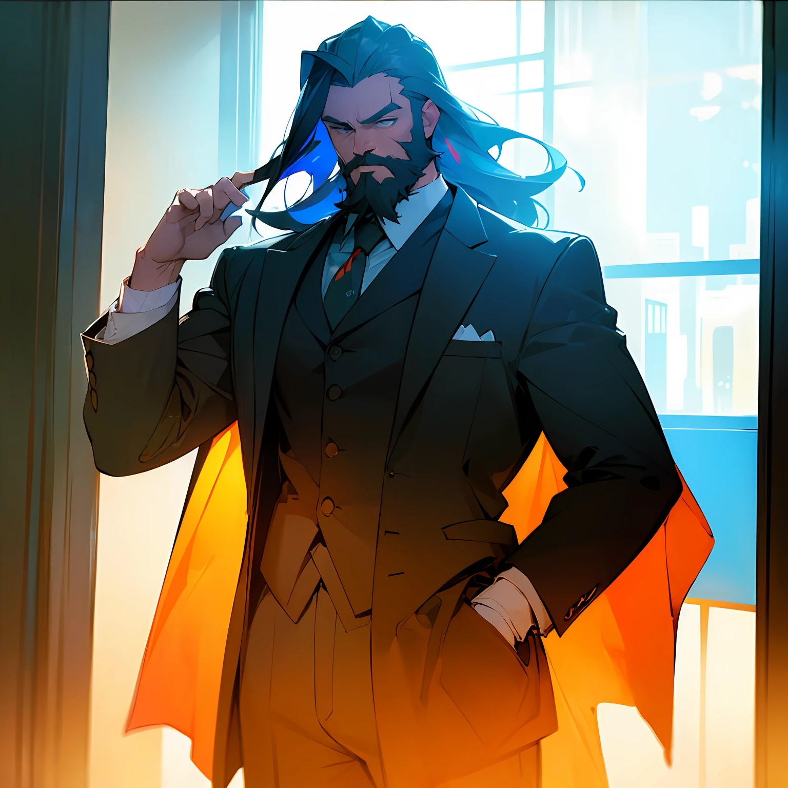 (masterpiece, best quality:1.4), cinematic light, colorful, high contrast, 1boy, manly, beard, day, suit, office, sunlight, window, cowboy shot, --auto