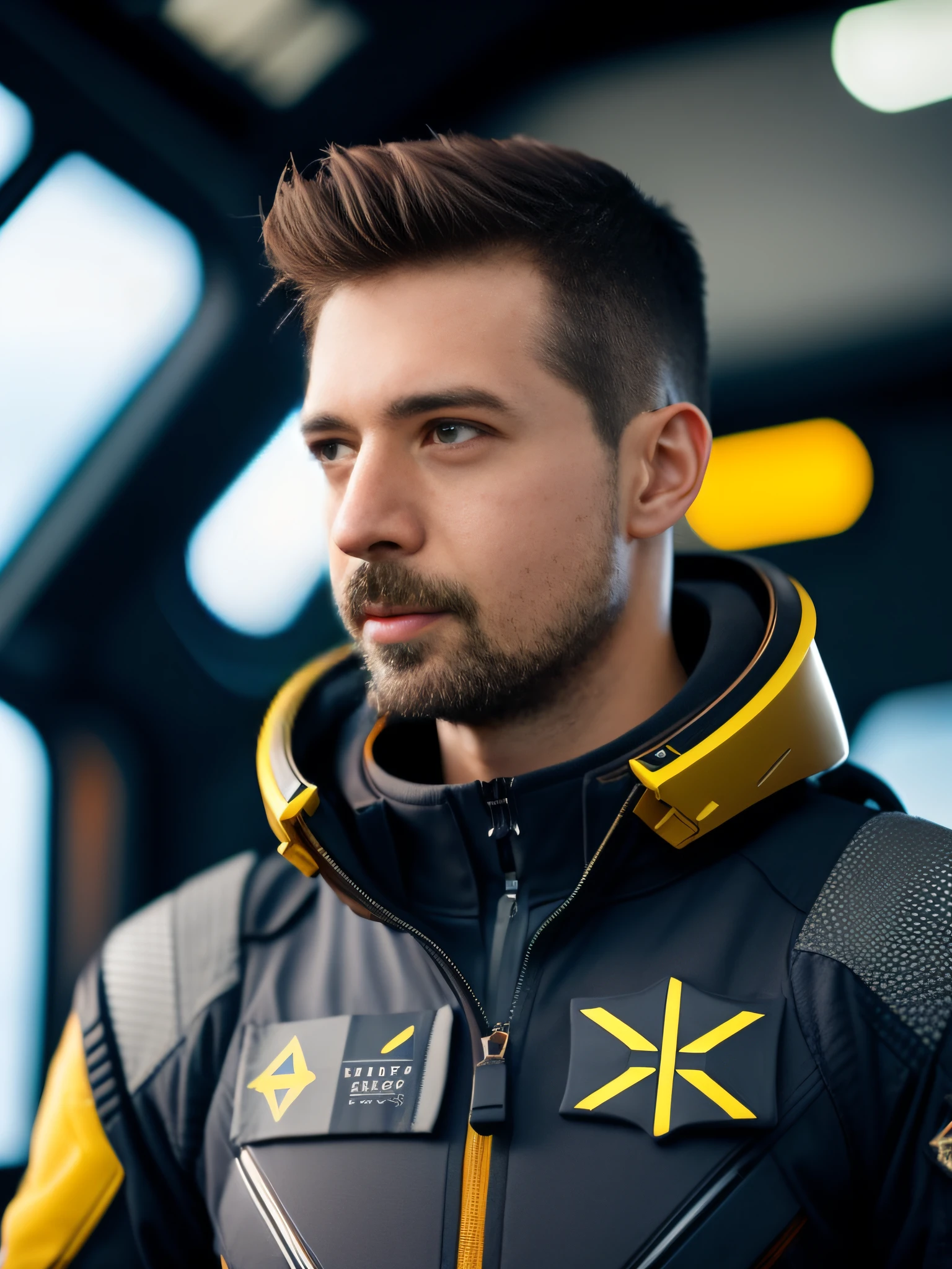 fking_scifi, award-winning photo of a man, black flight suit with yellow accents, brown hair, (gray eyes:1.35), square jawline, asymmetric face, standing in front of a window on a space ship, 80mm, bokeh, mass effect, close up, fking_cinema_v2
