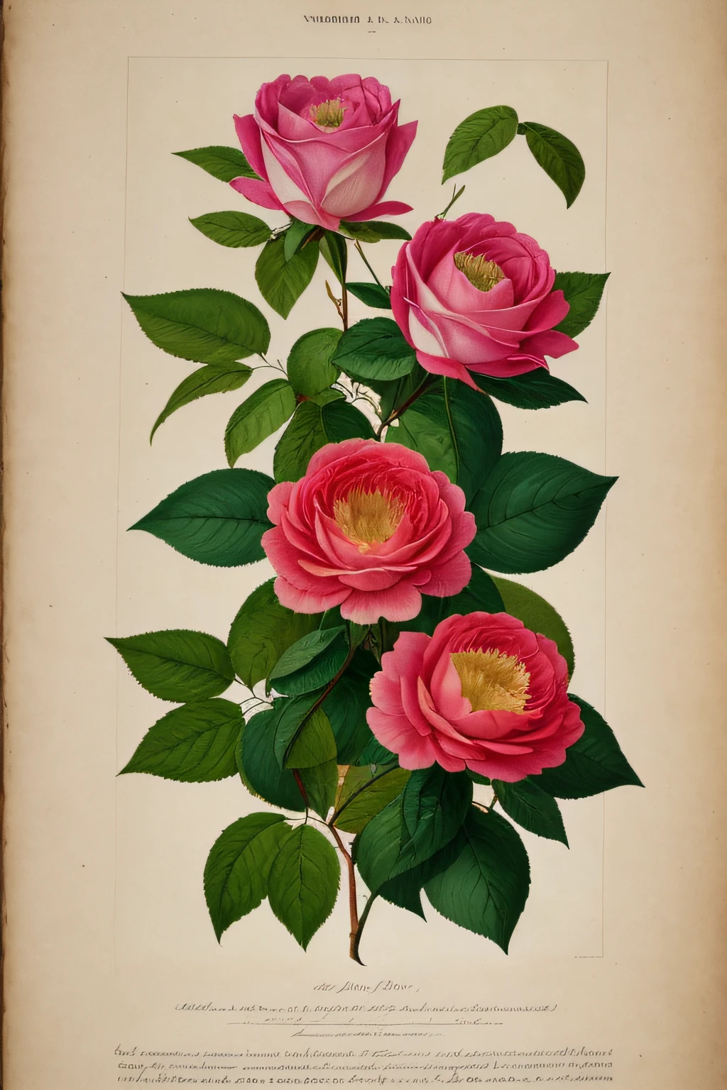 (best quality:1.2), (detailed:1.2), (masterpiece:1.2), vintage botanical illustrations of Larger Provence Rose (1770 1775) in high resolution by John Edwards