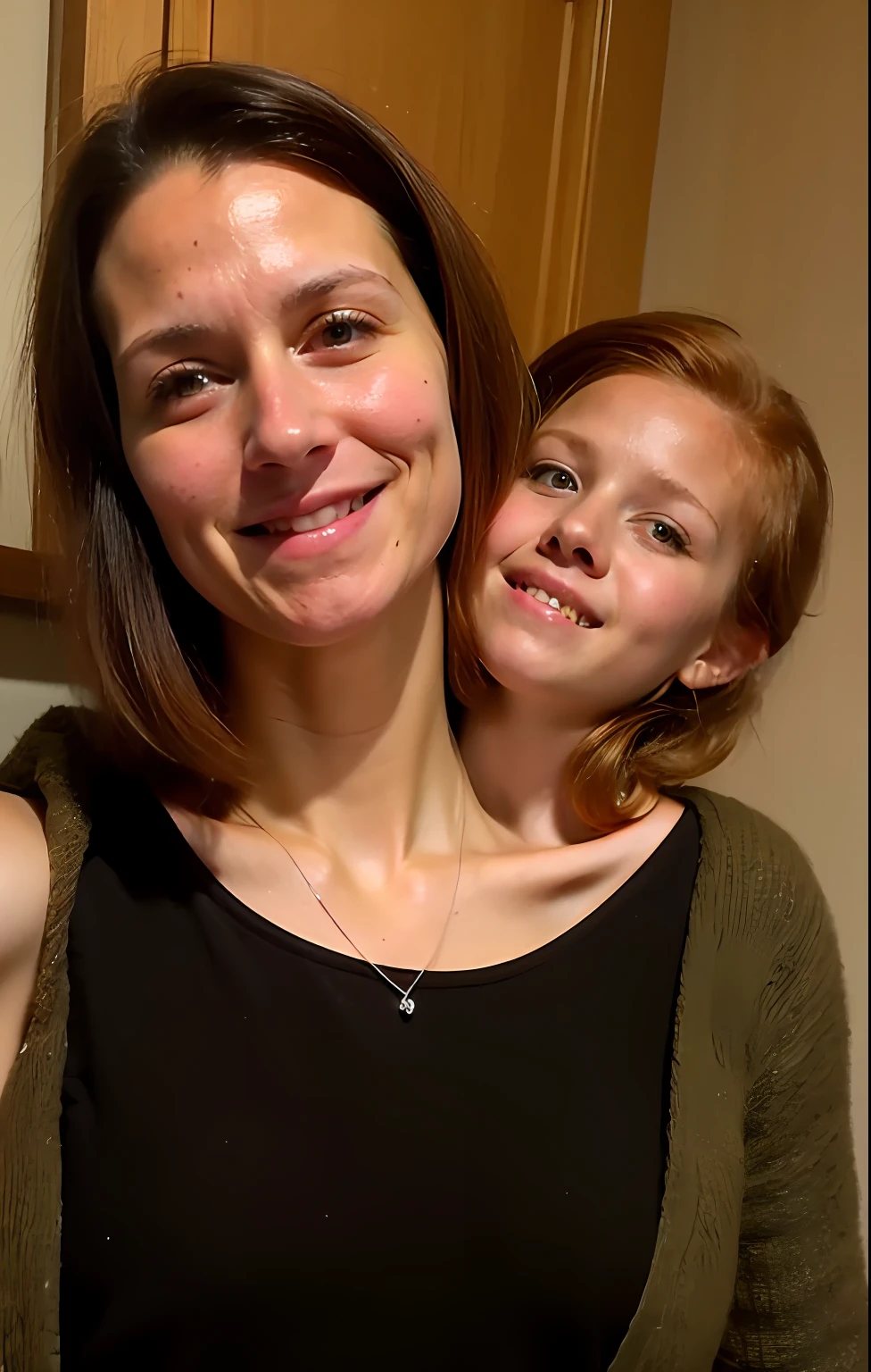 2heads, two headed girl, mom and daughter, (one torso:1.5), (female:1.5), (redhead:1.4), (teenager:1.4), (caucasian:1.5), (two heads on one body:1.4), conjoined twins, heads side by side, one torso, young, uncomfortable, barefoot