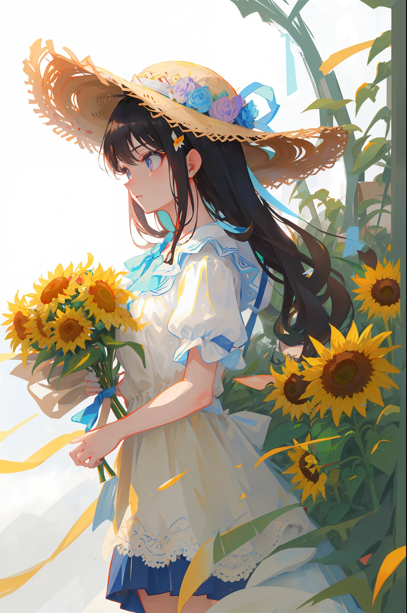 There was a girl in a straw hat holding a bouquet of flowers, beautiful sunflower anime girl,