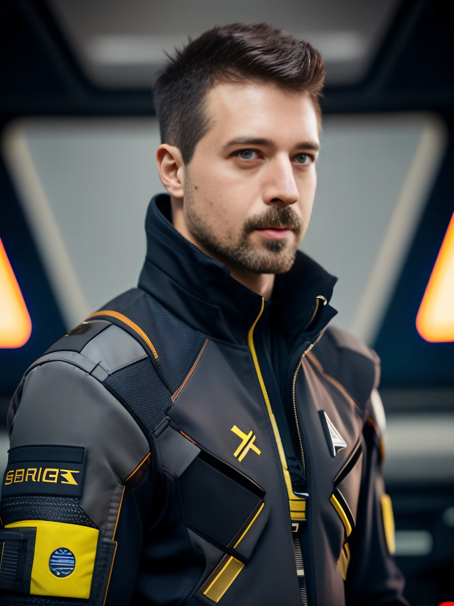 fking_scifi, award-winning photo of a man, black flight suit with yellow accents, brown hair, (gray eyes:1.35), square jawline, asymmetric face, standing in front of a window on a space ship, 80mm, bokeh, mass effect, close up, fking_cinema_v2