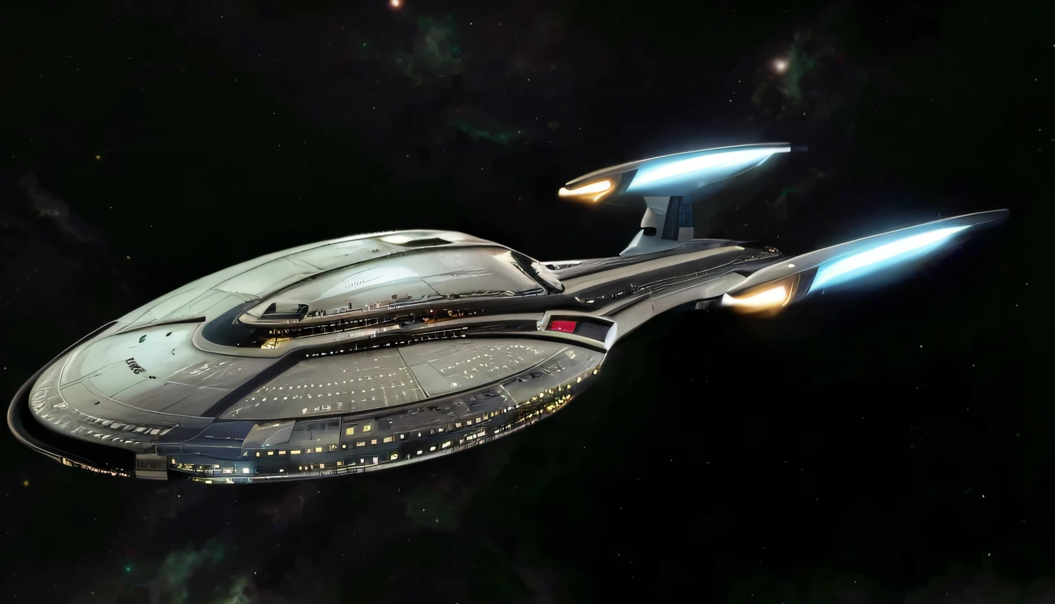 nave espacial voando no escuro com um foguete saindo dela, USS Empresa, Empresa Starship, A Starship Enterprise, STTNG, O Orville, Starship no fundo, No estilo Star Trek 8K, Tng, de Star Trek 2021, Deep space 9, deep space nine, de Star Trek, Viajante Star Trek, naves estelares, Jornada nas Estrelas