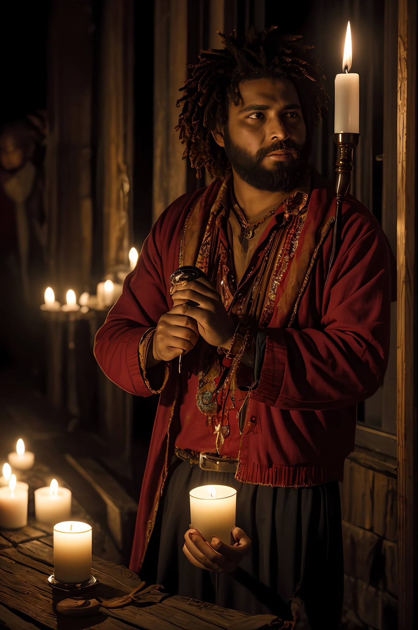 Un hombre y una mujer miran a camara, One holds a voodoo doll and another a red candle, 50mm, siniestra,cienma,8k