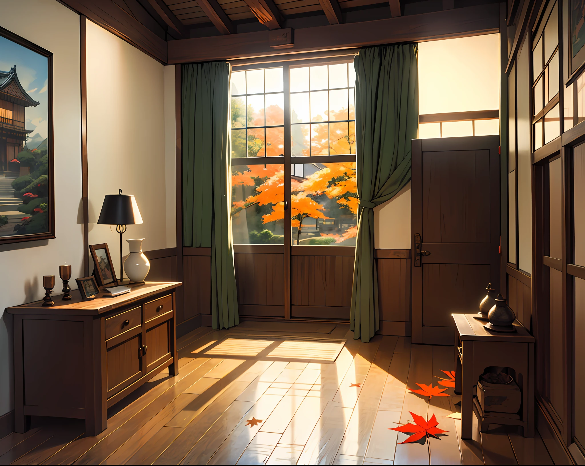 Animated style、Shinkai Makoto's anime painting style、romantic、inside in room、Japan Room、Old Japan room、Beautiful maple leaves outside the small round window、Soft light、Dark indoor、Indoors with large wooden floors、lattice windows