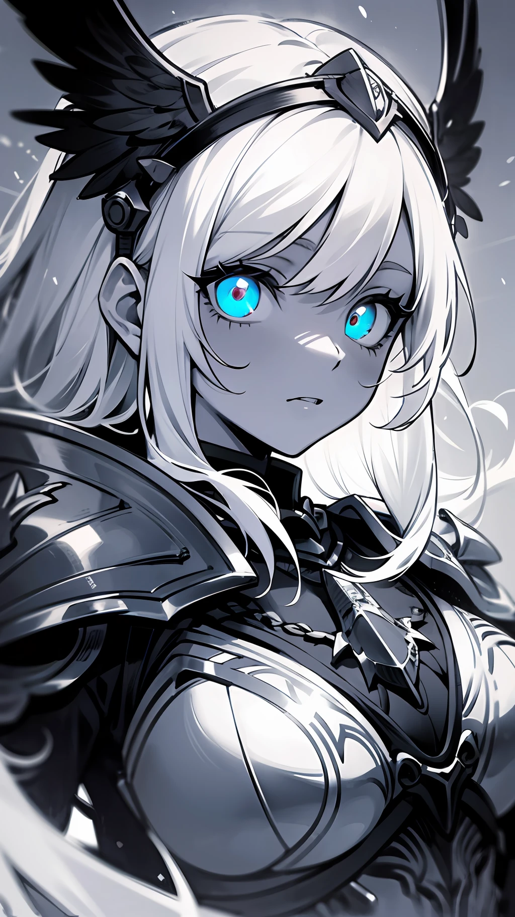 masterpiece, best quality, (monochrome), (spot color), 1girl, Valkyrie, Blue_eyes, white hair, Goddess Armor, hollow eyes, glowing eyes, Anime Lineart