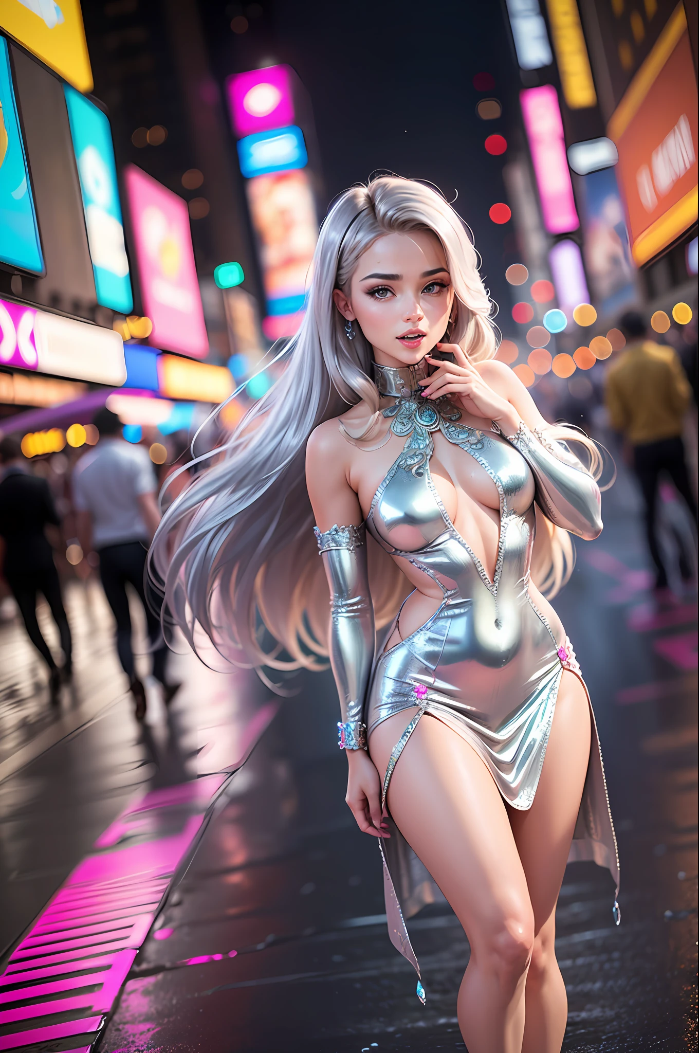 (full body photo) of a ((shopaholic Barbie )) dressed that looks like a cross between Arianna Grande and Chloe Grace Moretz, (((wearing a hot pink and silver Versace dress with ornate details and silver lace with gemstones and sequins and stylized mandelbrot patterns))), ( standing), ((in Times Square at night in bright light)), looking at the camera lovingly, (mouth wide open), (smiling), (skin pores) , wet hair, long hair, (tanned skin), (f1.8 short focus bokeh), focus on eyes, big brown eyes with circular light flare in eyes, deep watery eyes, skin pores, bright eyes, open eyes , Direct light. admiration, ((camel foot)), --auto --s2