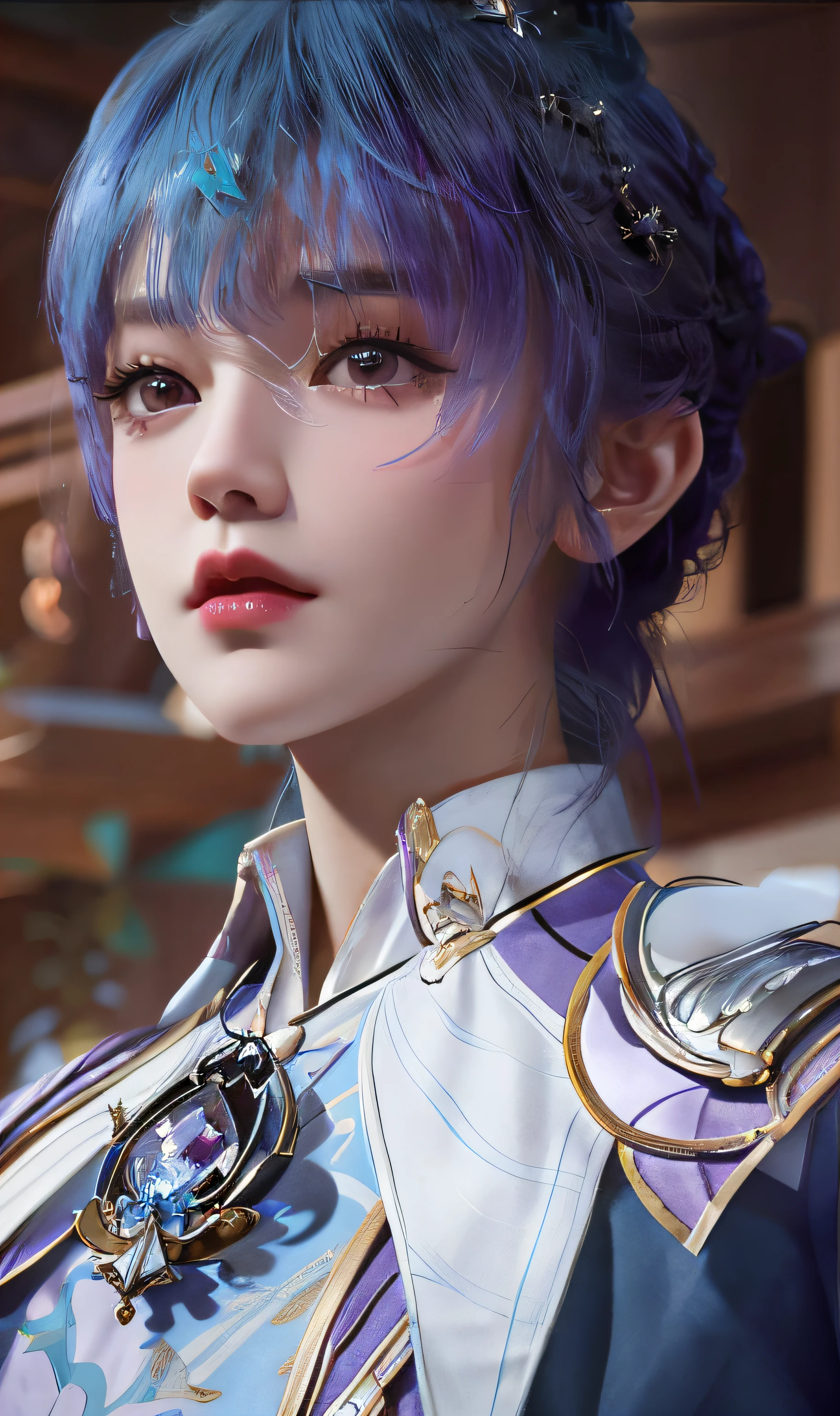 Close-up of a woman with blue hair and a purple shirt, Superb beauty,((short detailed hair)),Portrait Chevaliers du Zodiaque Fille, zhongli from genshin impact, Keqing from Genshin Impact, Yun Ling, inspired by Leng Mei, Beautiful character painting, uma linda princesa, Exquisite princess, portrait of a female mage, Rendu portrait 8k