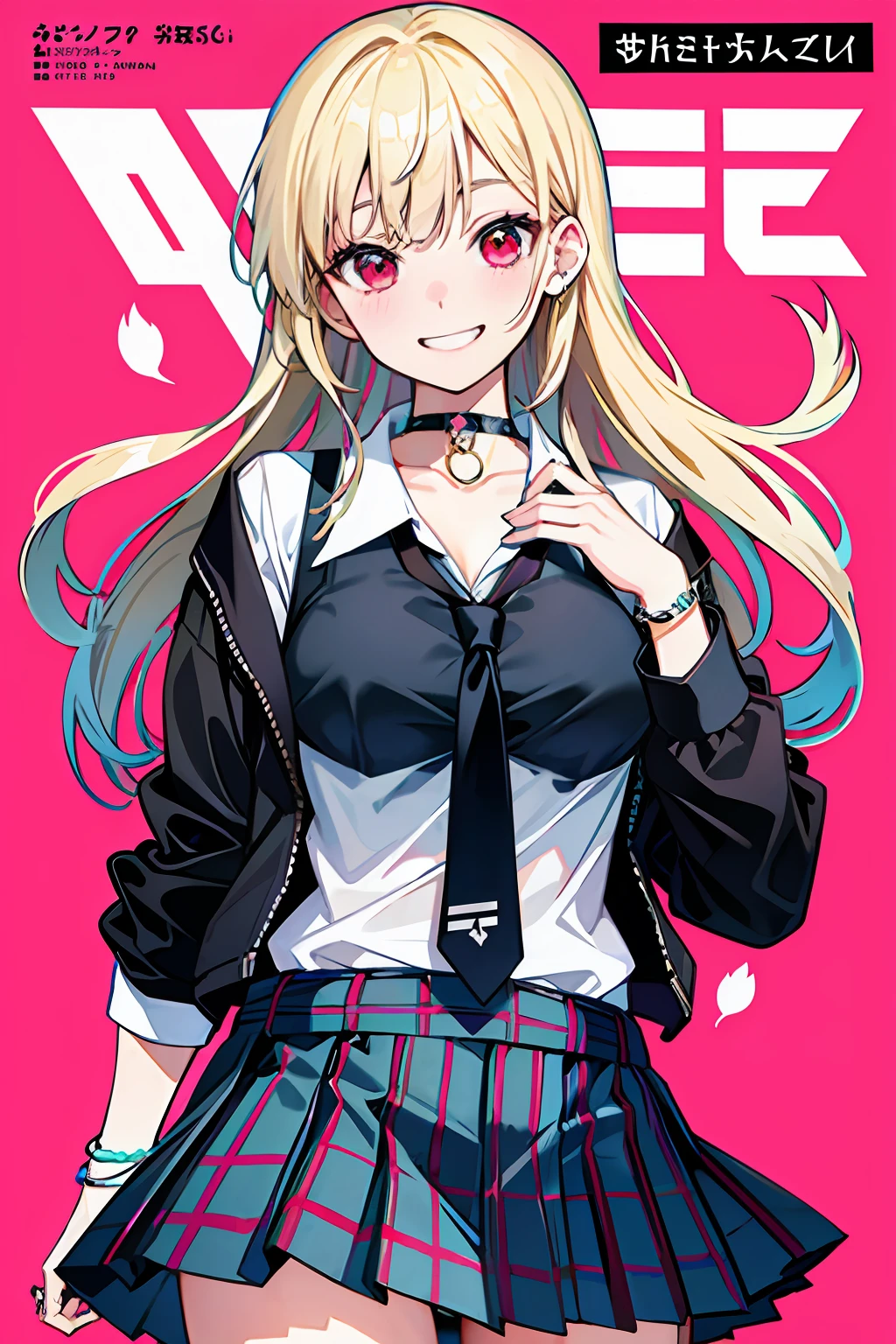 masterpiece, best quality,  full body,
1girl, bangs, black choker, black necktie, blonde hair, blue skirt, blush, bracelet, breasts, choker, clothes around waist, collarbone, collared shirt, cowboy shot, dress shirt, ear piercing, eyebrows visible through hair, gradient hair, grin, gyaru, jewelry, kogal, long hair, looking at viewer, loose necktie, necktie, piercing, plaid, plaid skirt, pleated skirt, red eyes, ring, school uniform, shirt, skirt, smile, solo, white shirt,
street, sky, cherry blossoms, petals,illustration, (magazine:1.3), (cover-style:1.3), fashionable, woman, vibrant, outfit, posing, front, colorful, dynamic, background,  elements, confident, expression, holding, statement, accessory, majestic, coiled, around, touch, scene, text, cover, bold, attention-grabbing, title, stylish, font, catchy, headline, larger, striking, modern, trendy, focus, fashion,