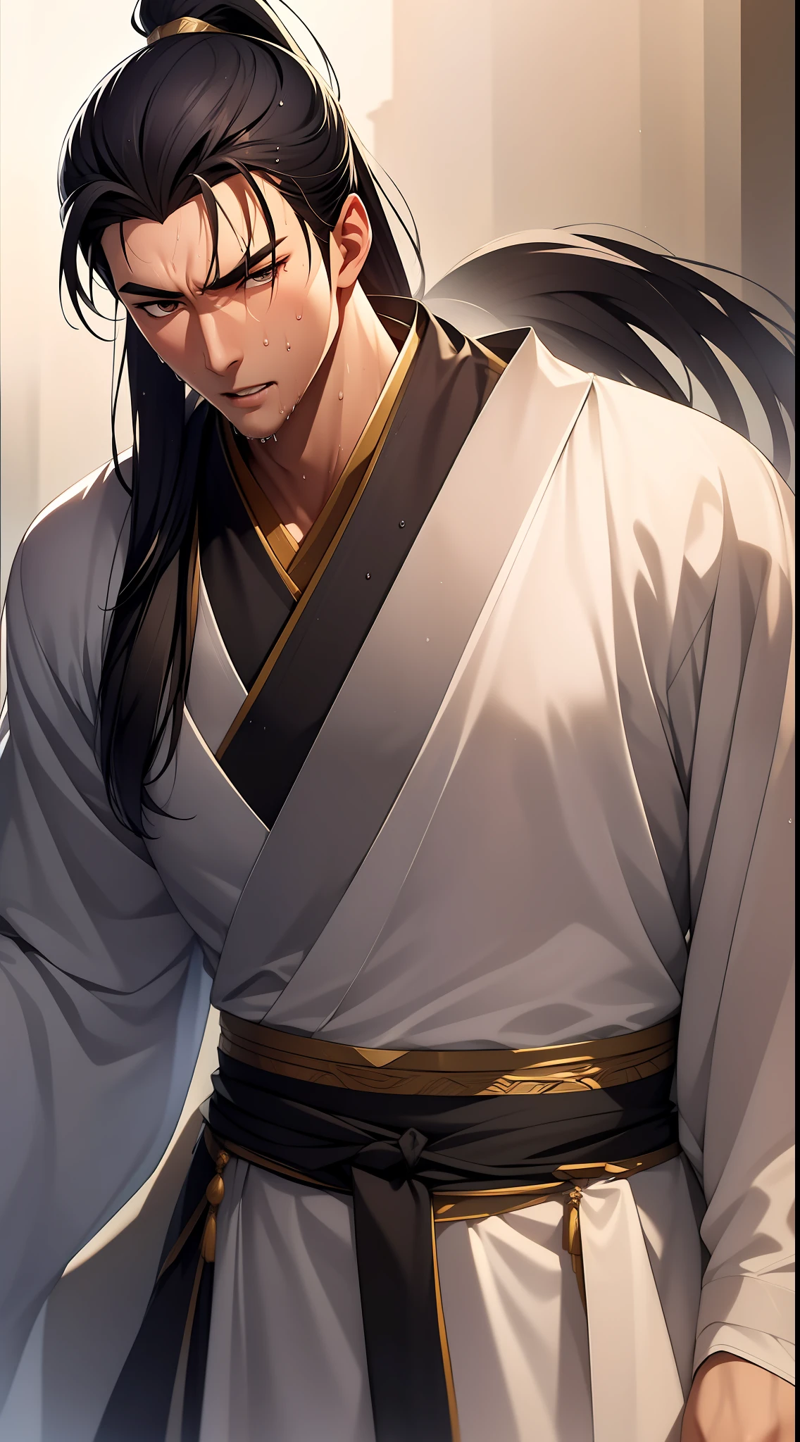 Two-dimensional, anime style, man (male warrior), muscle, correct proportions, face details, martial arts, high ponytail hairstyle, sweating, sweaty face, drooling, neck details, with Adam's apple, wet, wet, Hanfu costume, long robe, embroidered robe, dragon robe, clothing details, collar, long sleeves, game quality, swordsman demeanor, light and shadow tracing, ray tracing, detail glow, CG rendering, hair details, long black hair, golden eyes, sweaty face, handsome, handsome, sweat beads slipping down the neck, (juvenile feeling), complex clothing, wet, wet, perfect composition, refinement, high quality, more details, a lot of details, complex background, atmosphere,