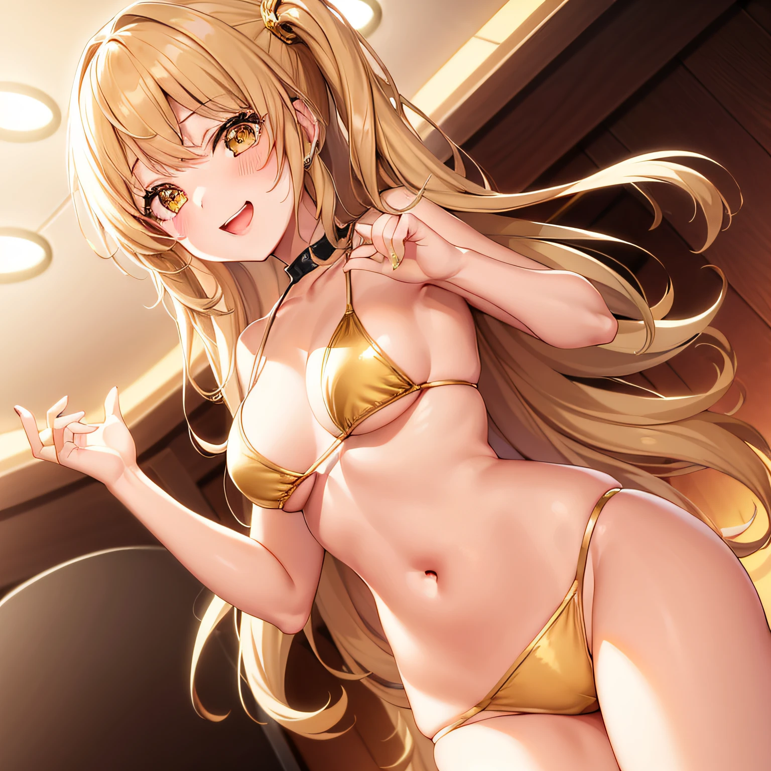 1girl in, {{{{Kokoro Tsurumaki}}}}, {{{Band Dream!}}}, Gold Hair,  Sparkling golden eyes, Bangs, medium breasts,Gold Bikini,Smile,, [Open mouth],