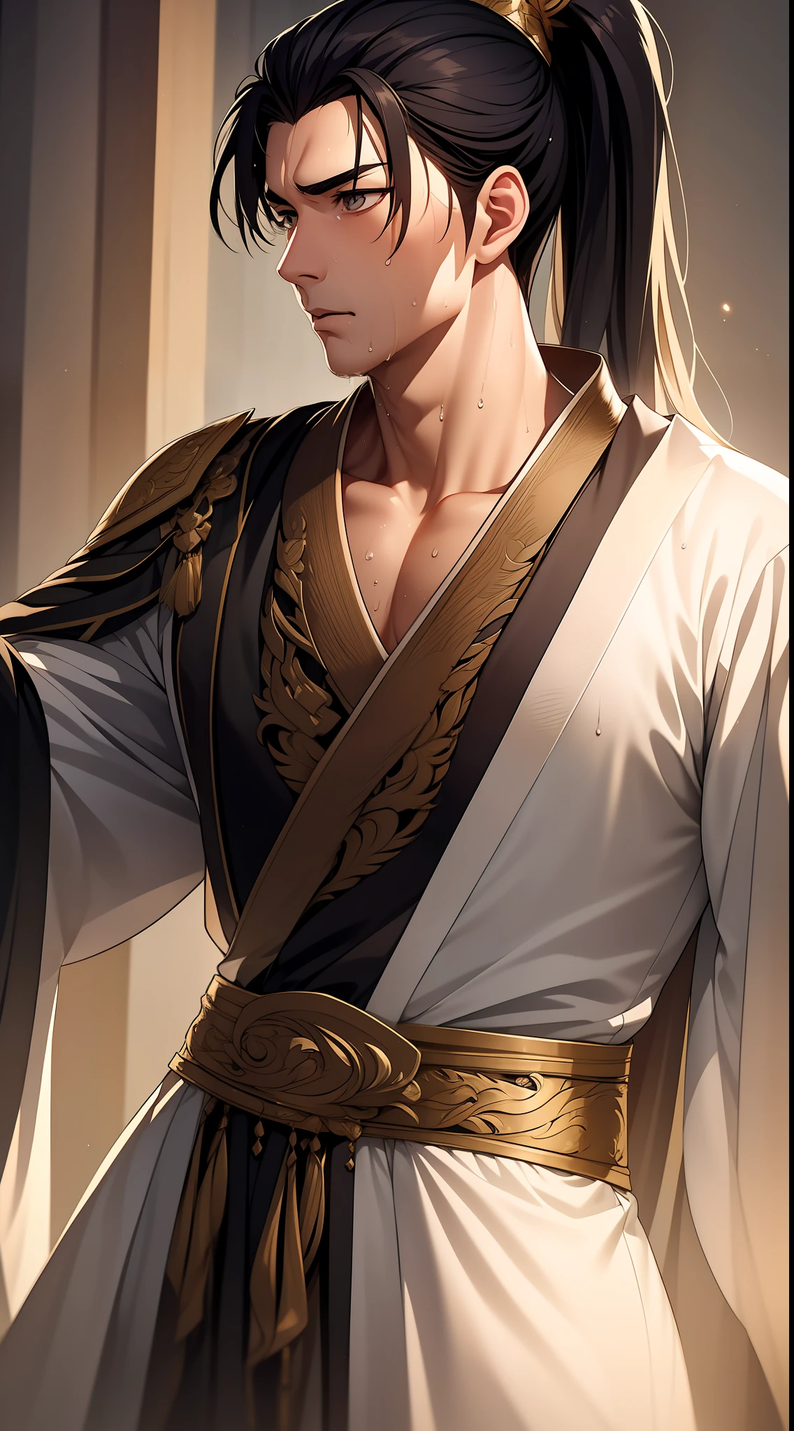 Two-dimensional, anime style, man (male warrior), muscle, correct proportions, face details, martial arts, high ponytail hairstyle, sweating, sweaty face, drooling, neck details, with Adam's apple, wet, wet, Hanfu costume, long robe, embroidered robe, dragon robe, clothing details, collar, long sleeves, game quality, swordsman demeanor, light and shadow tracing, ray tracing, detail glow, CG rendering, hair details, long black hair, golden eyes, sweaty face, handsome, handsome, sweat beads slipping down the neck, (juvenile feeling), complex clothing, wet, wet, perfect composition, refinement, high quality, more details, a lot of details, complex background, atmosphere,