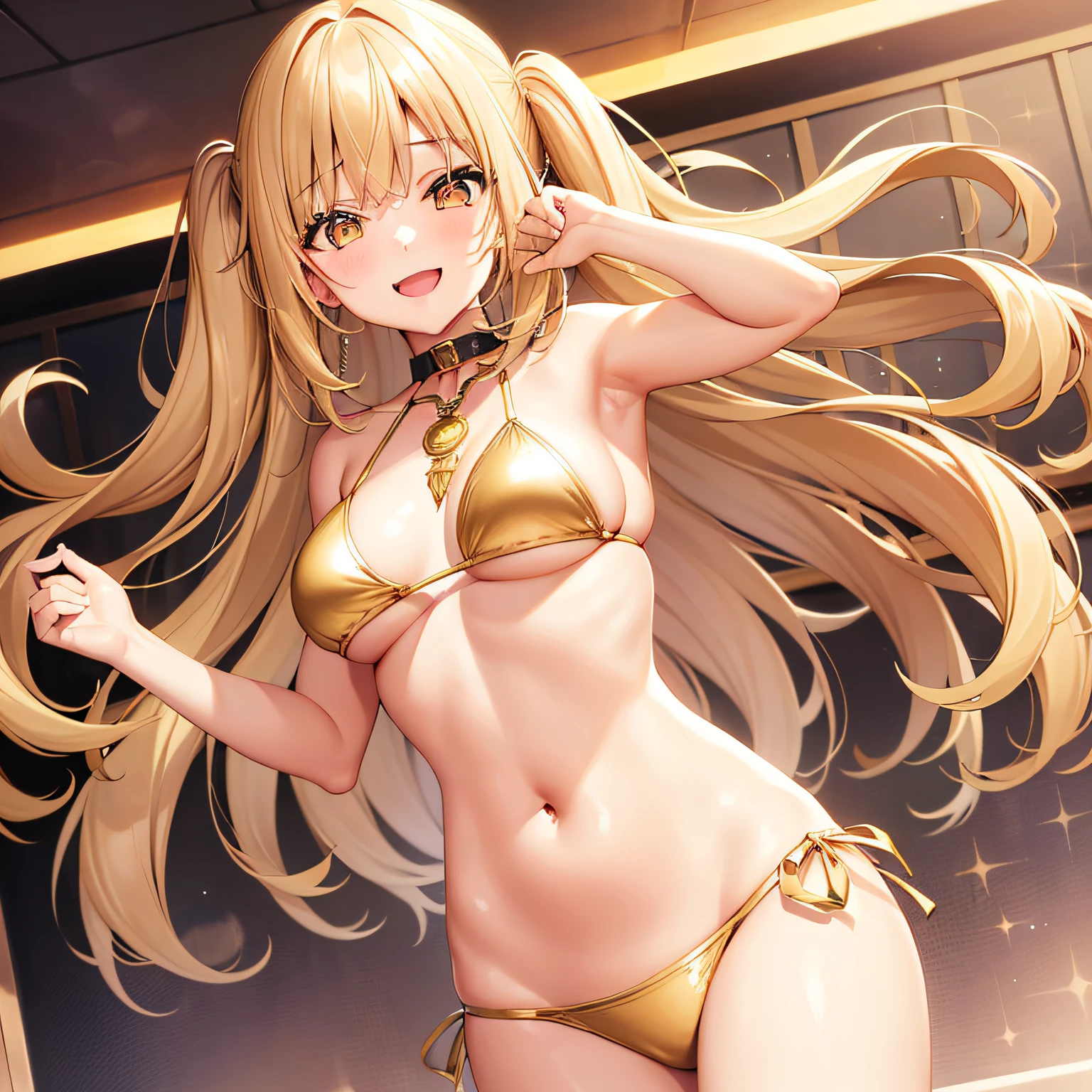 1girl in, {{{{Kokoro Tsurumaki}}}}, {{{Band Dream!}}}, Gold Hair,  Sparkling golden eyes, Bangs, medium breasts,Gold Bikini,Smile,, [Open mouth],