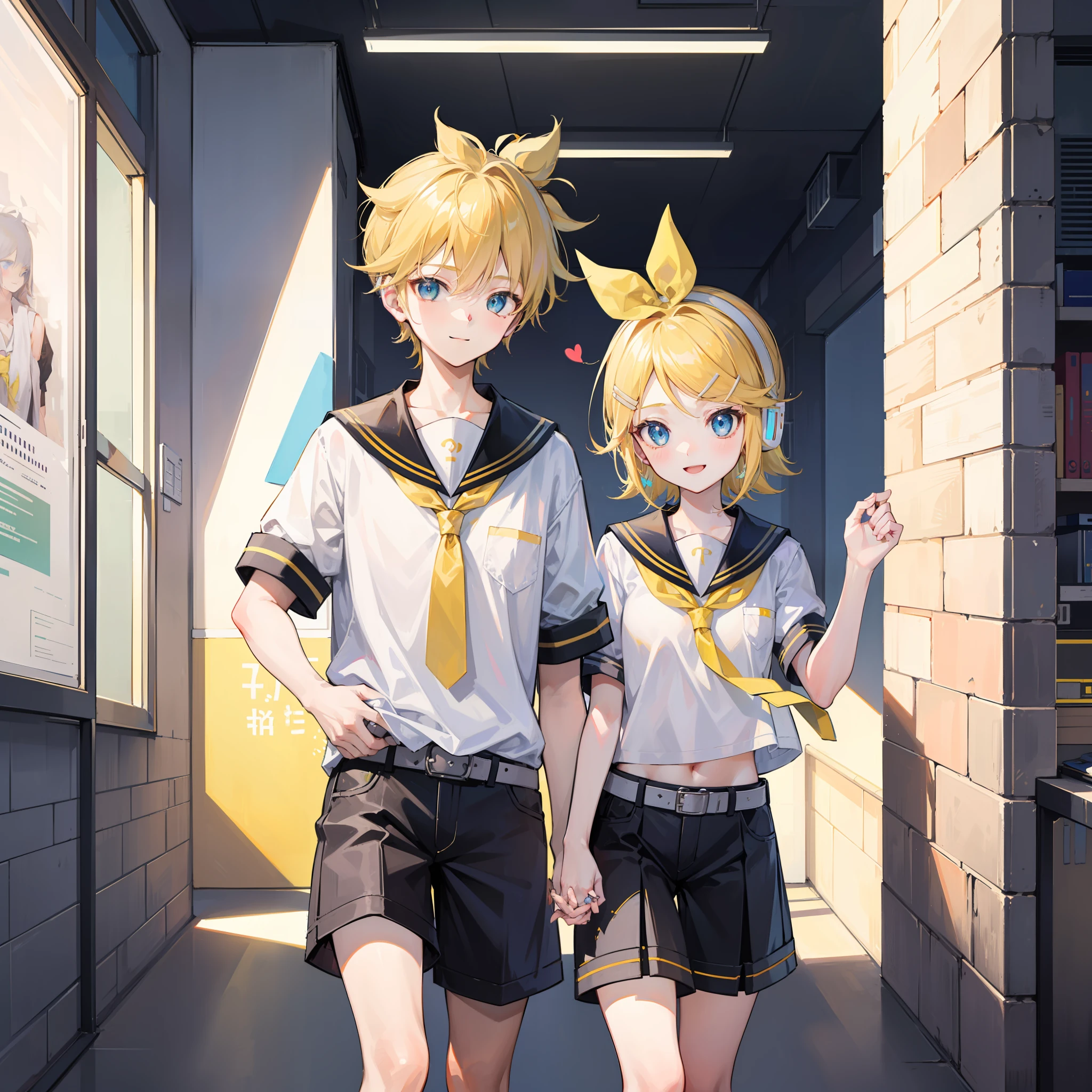 best quality, ultra precision, only two person, one boy and one girl, (a boy is Kagamine_Len), (a girl is Kagamine_Rin), blue eyes, cute, short hair, head phone, blond hair, sailor uniform, black short pants, belt, yellow necktie, smile, elementary school student, , twins, love each other, siblings, children, (boy is as tall as girl), kids, characters focus, couple, love each other, stroll, look at each other, platonic love, cool boy, cute girl, hold hands, cowboy shot,