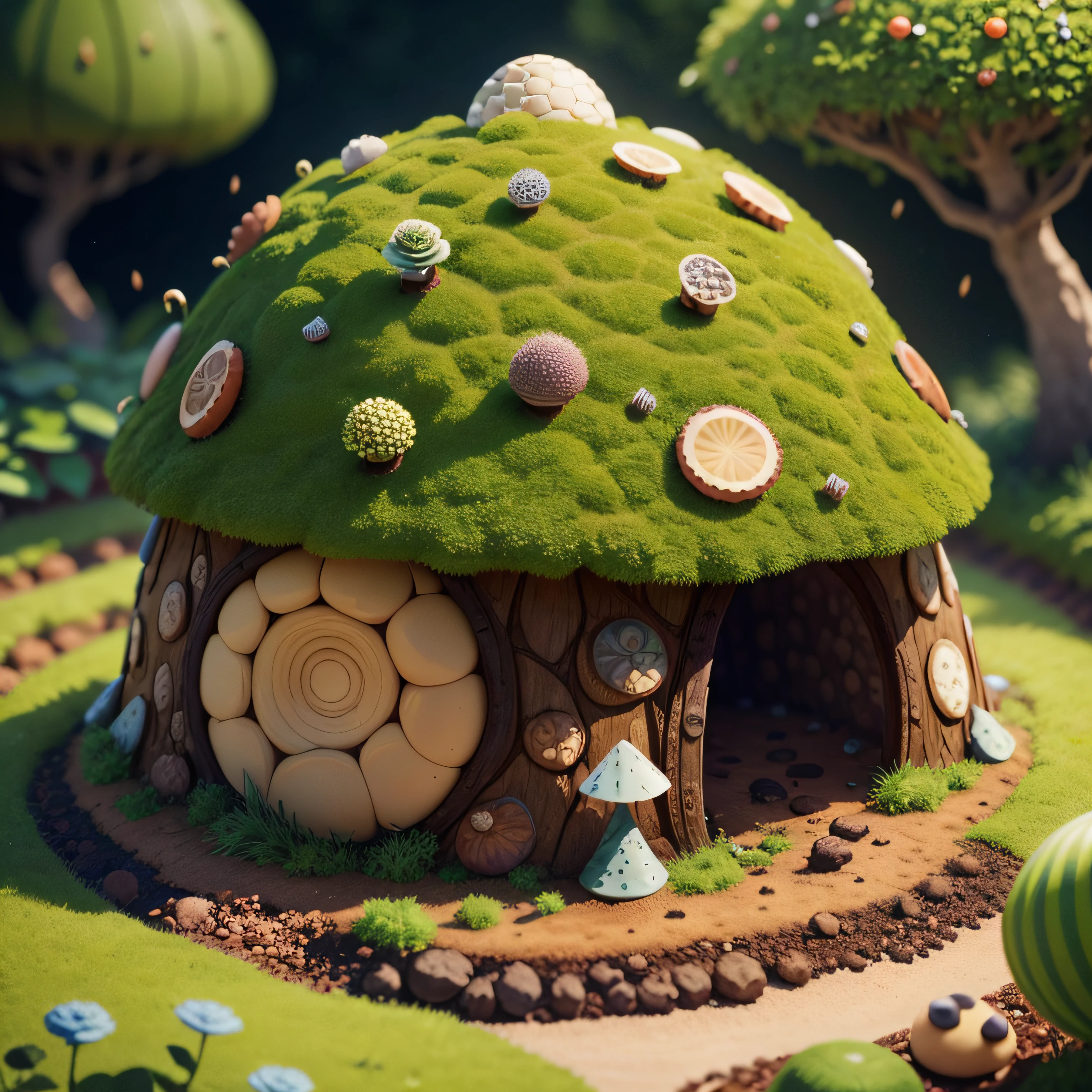 Anthill with a round cone shape, covered in scales and fungi, small gardens sorrounding it, hype realistic, 4k, 1:1