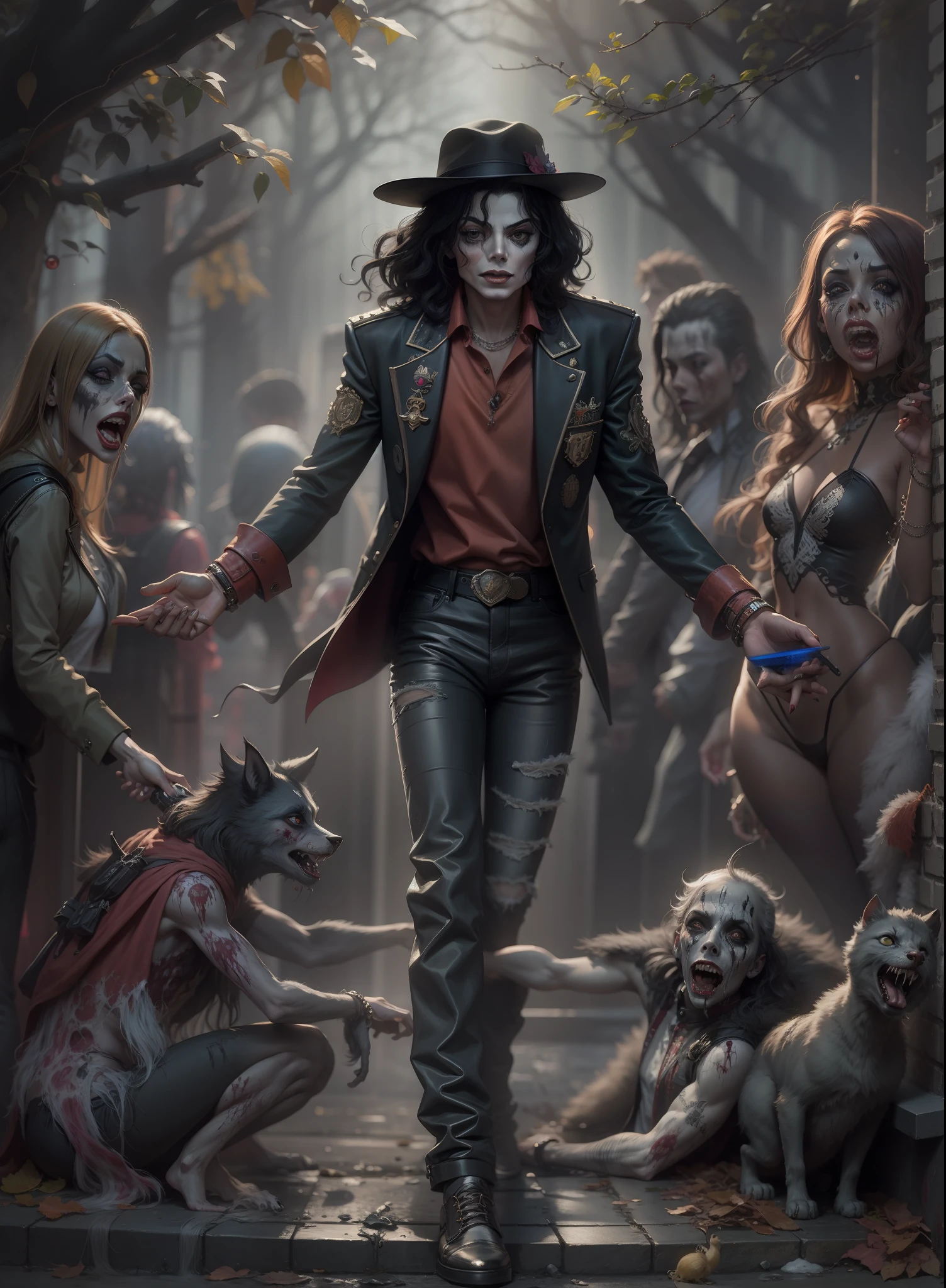 Pintado por Anne Stokes,(Michael Jackson, detalhado),(fantasia, oniric, surrealismo),(Zombie scenery around you),(trending on ArtStation),corpo inteiro